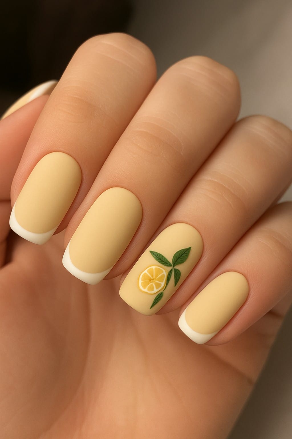 Pastel yellow nails with a white French tip and lemon accent