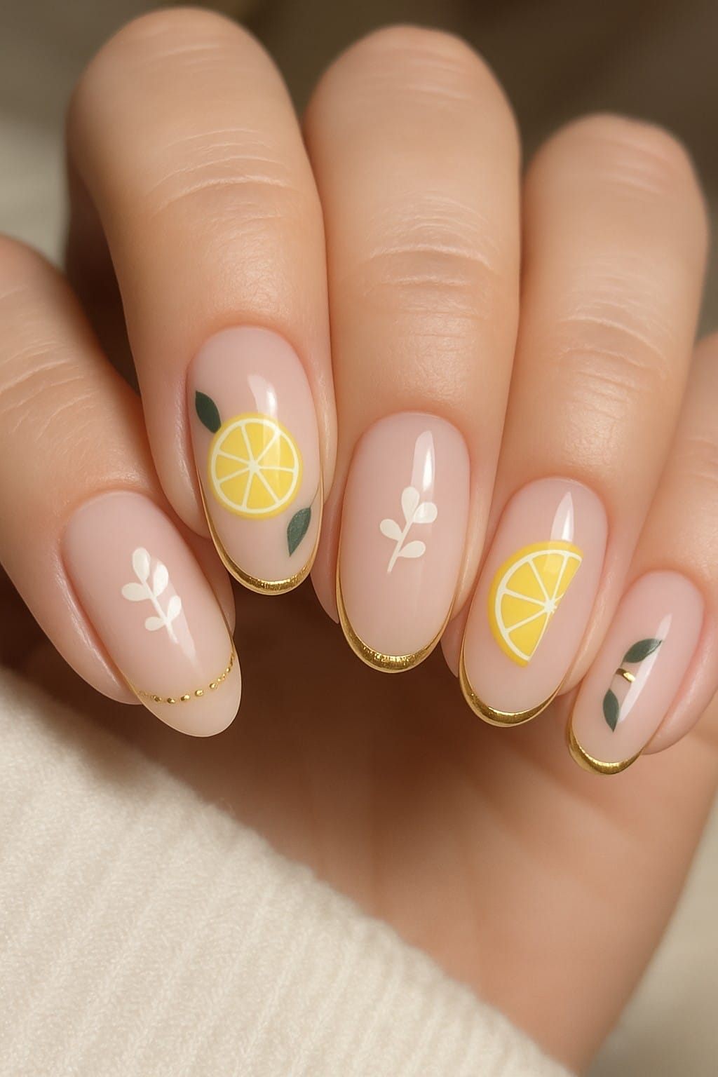 Glossy nails with lemons and tiny leaves