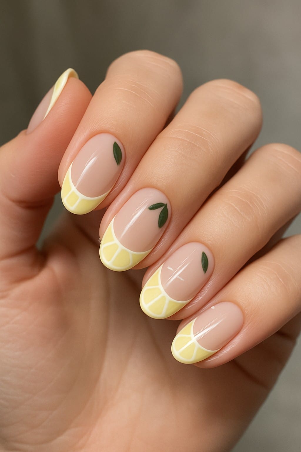Yellow lemon slice French manicure with green leafy accents