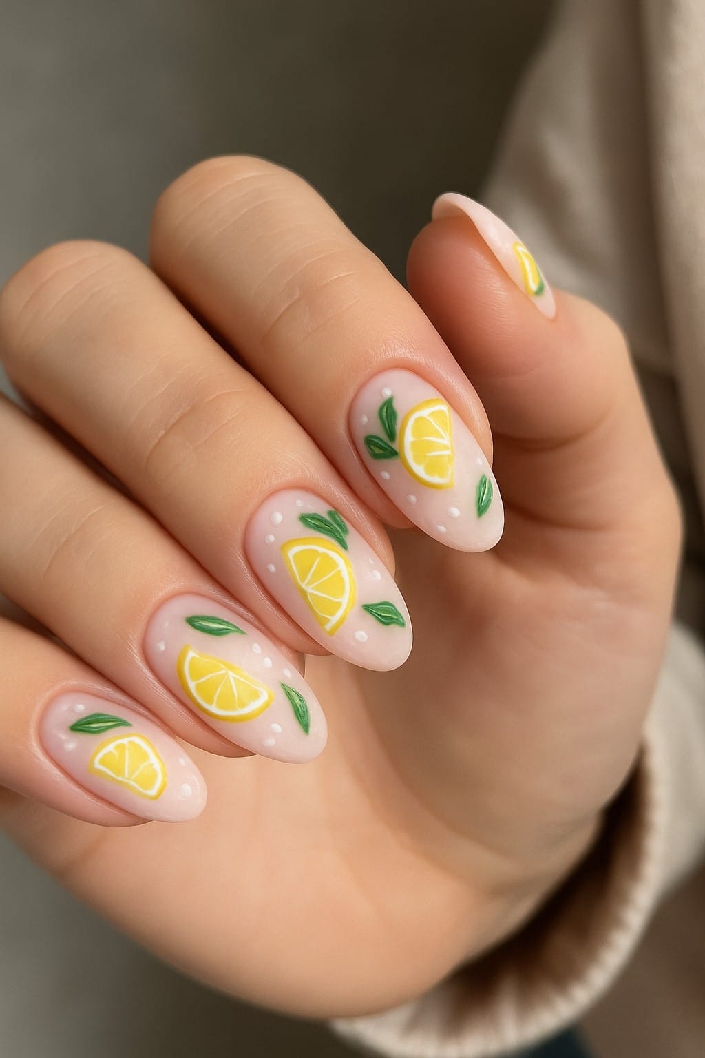 Yellow lemon slice nail design with green leaves and white dots