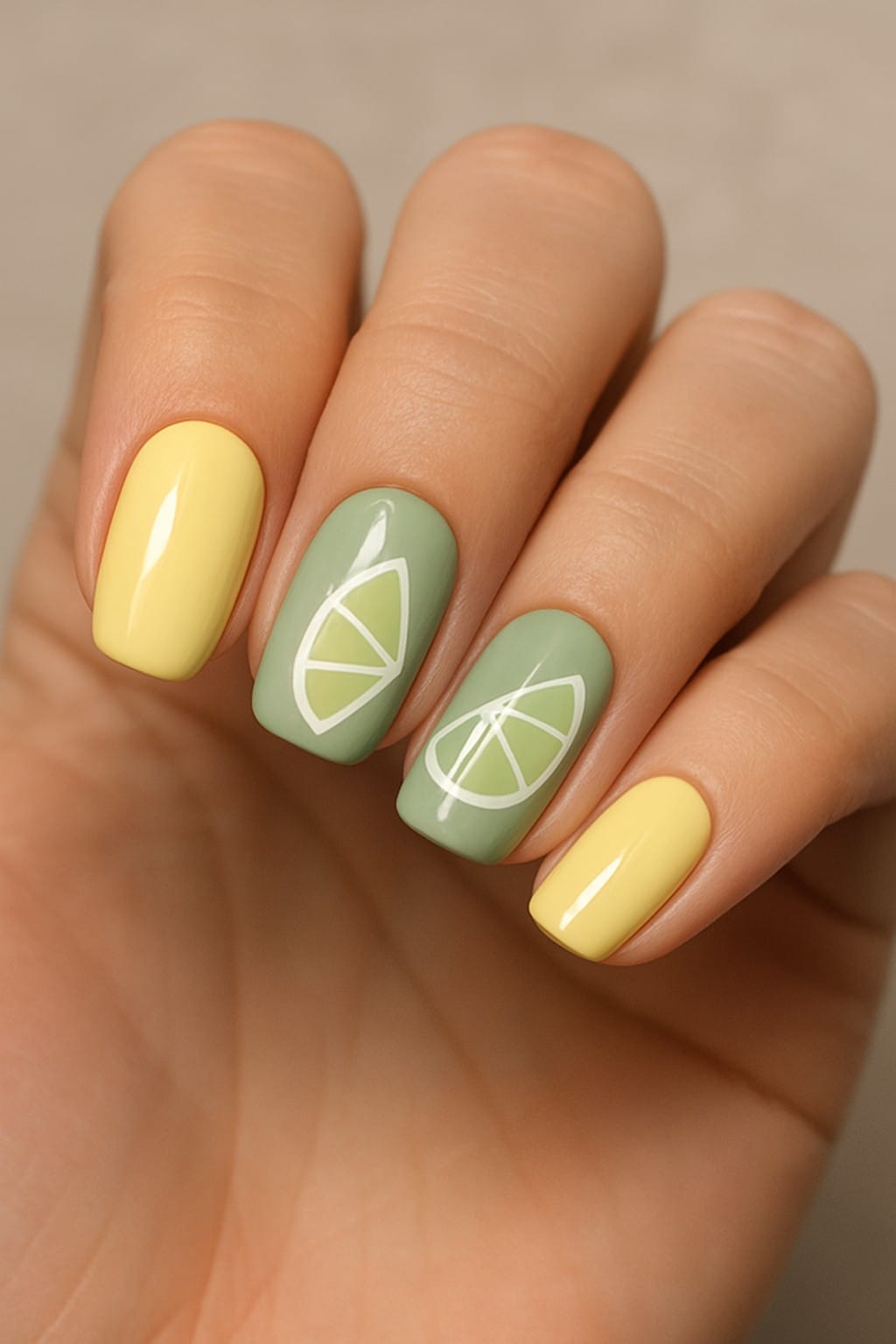 Up-close woman lemon nails with pastel yellow and pale green as base colors; accent nails feature delicate white outline lemon wedge and lime wedge art on ring and middle fingers, blending a minimalist citrus motif with a gloss finish.