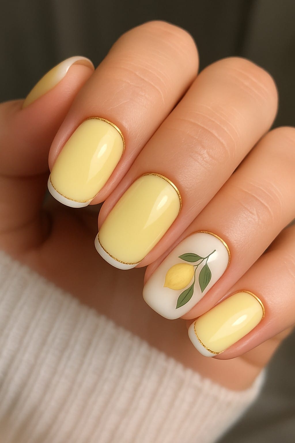 Yellow French manicure with lemon accent nail