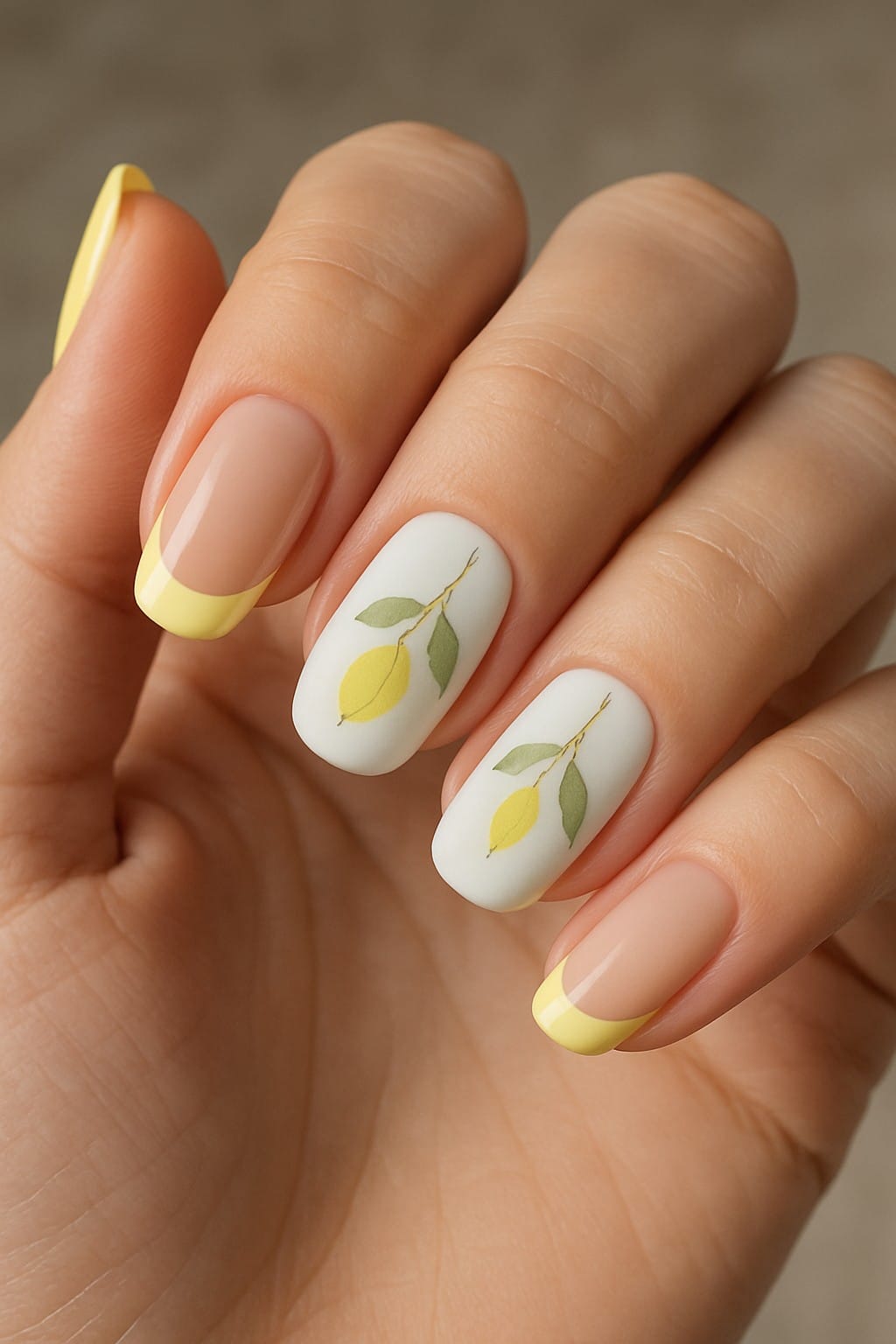 Lemon French manicure with leafy designs