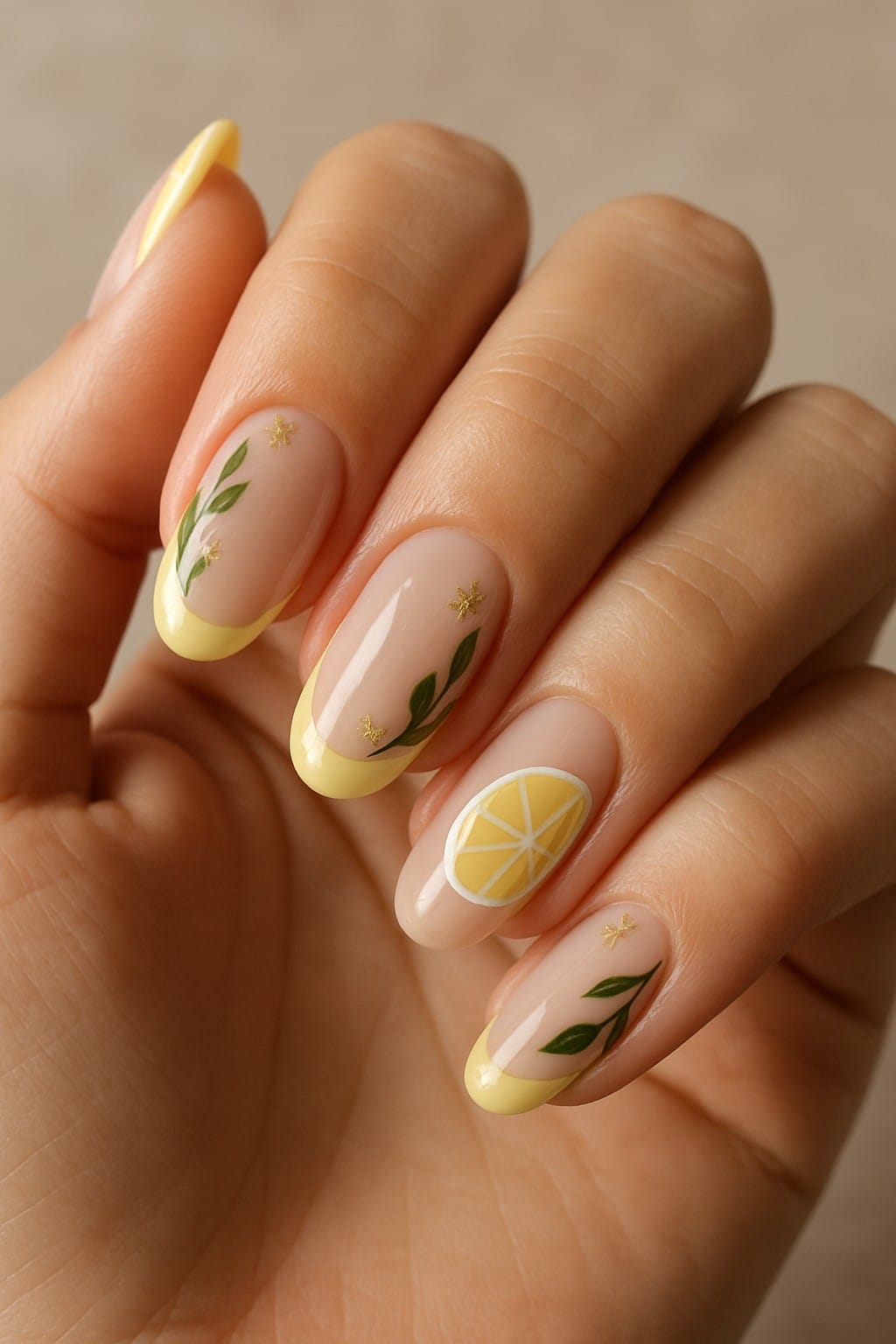 Yellow French tips with lemon and leaf details