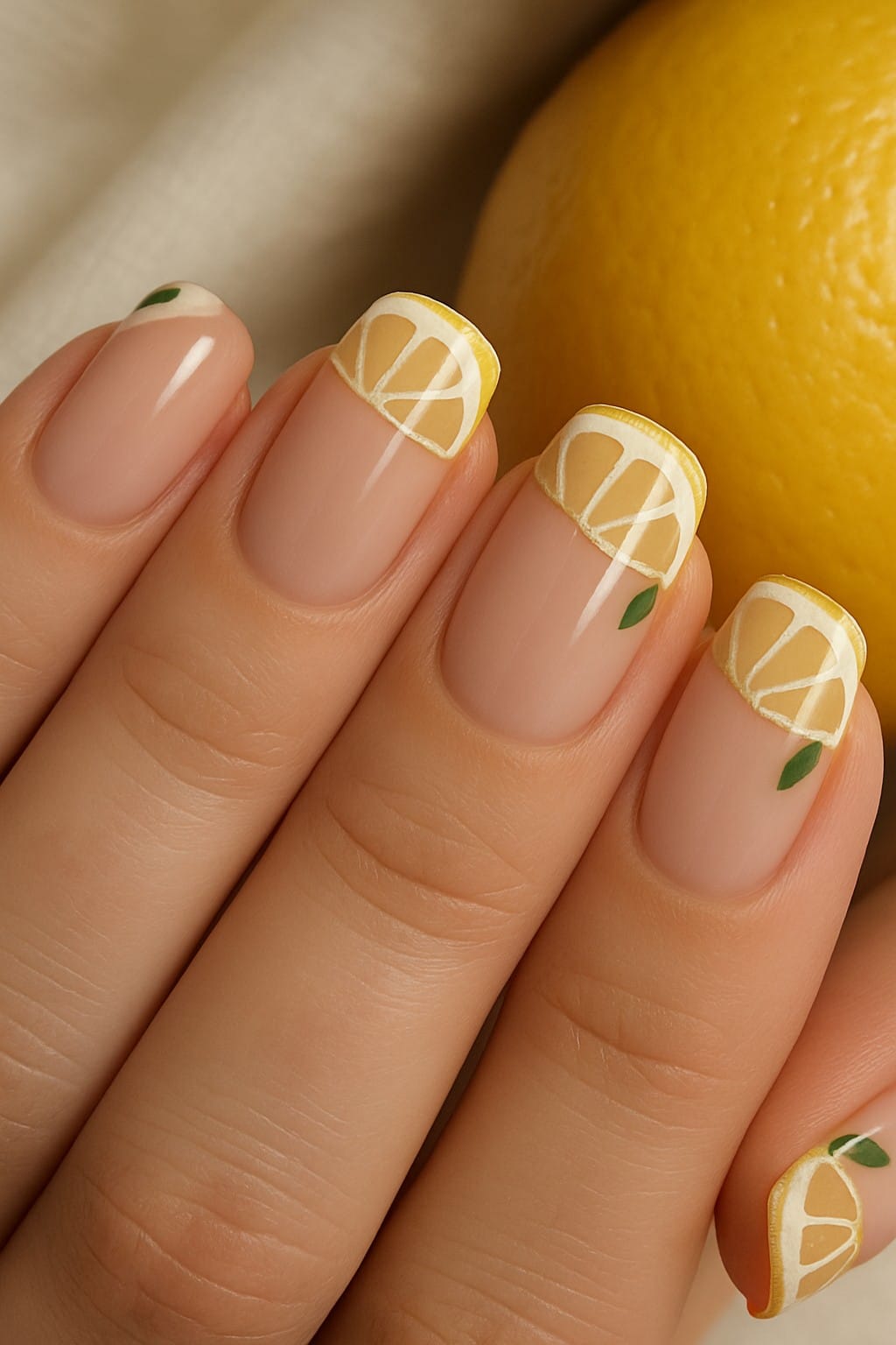 French manicure with yellow lemon slice tips and cute green leaf accents