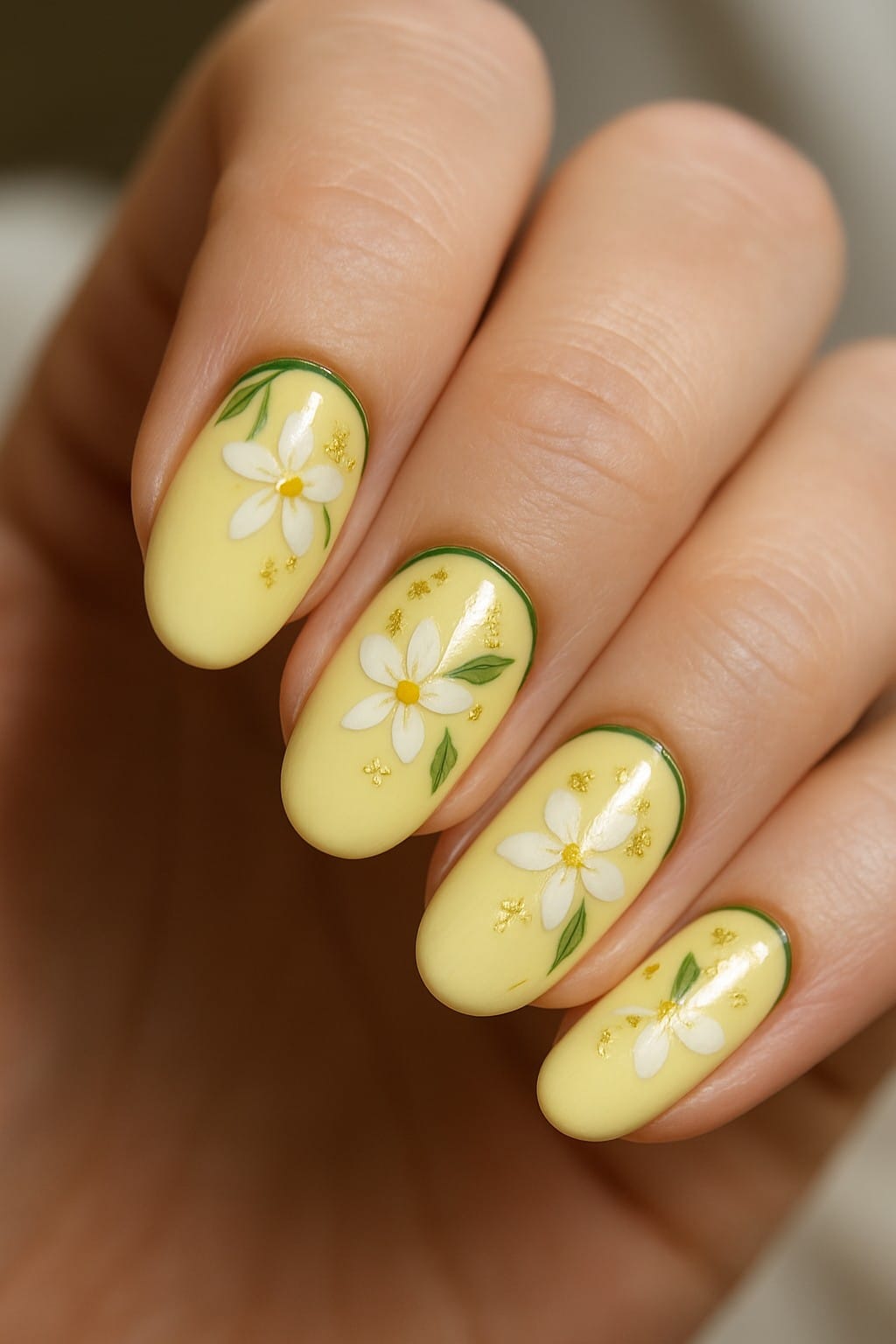 Yellow nails with white floral art and green details
