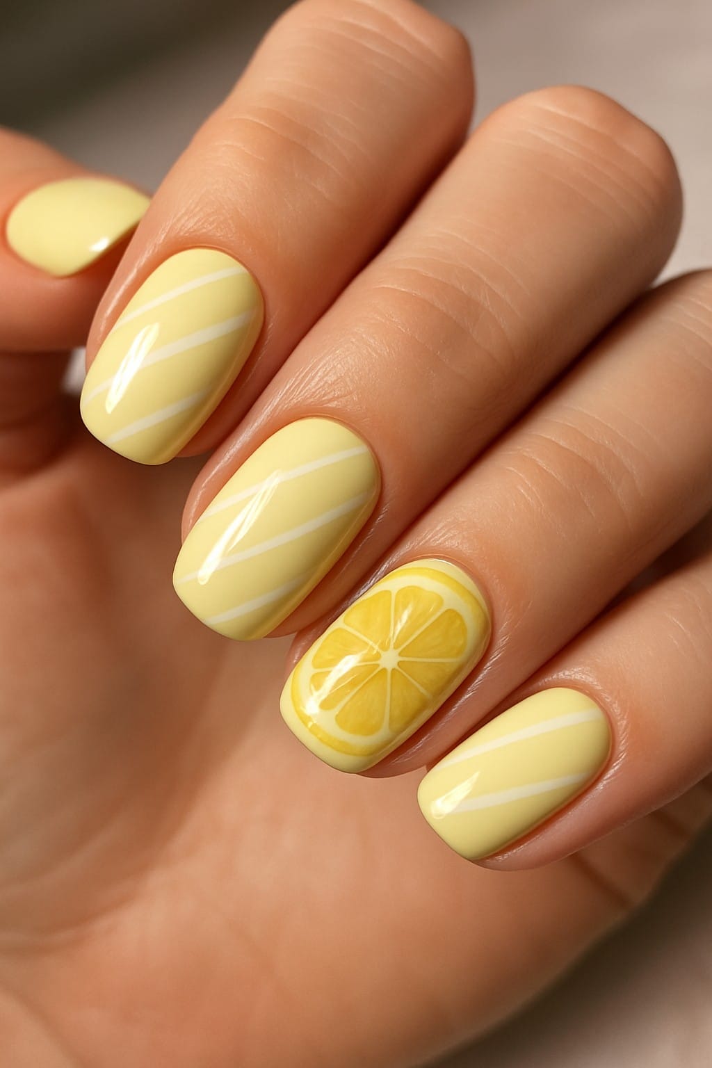 Yellow nails with diagonal white stripes and a lemon slice accent