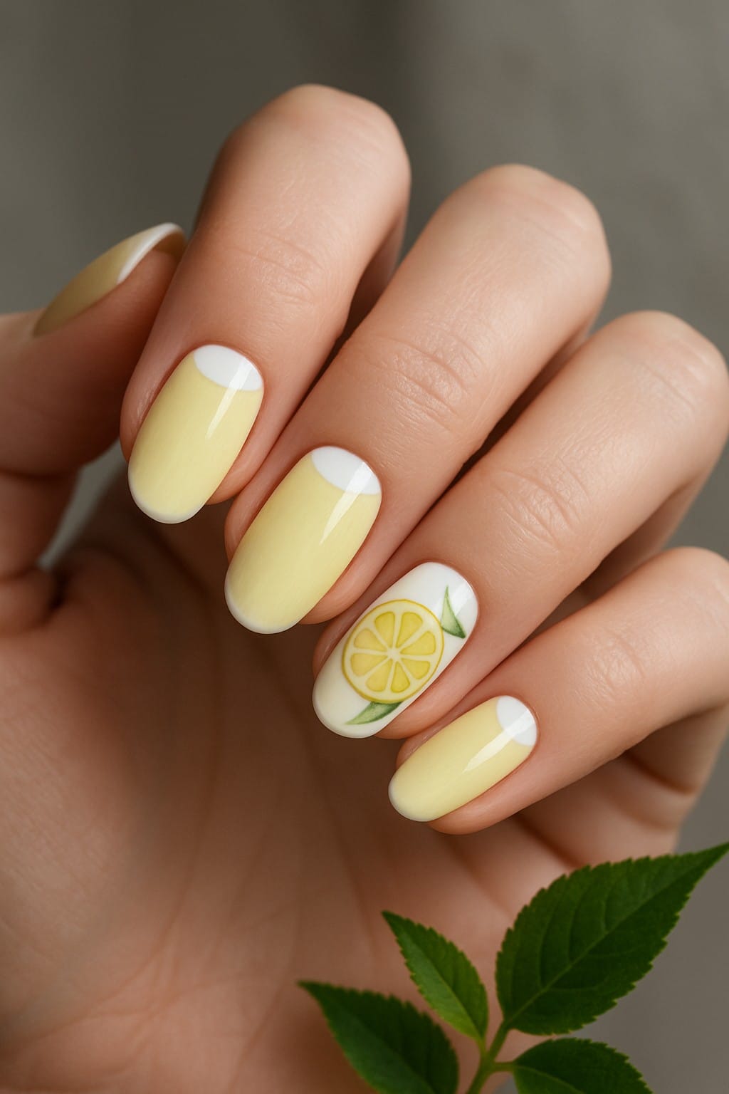 Pastel yellow nails with a white moon and a lemon slice accent