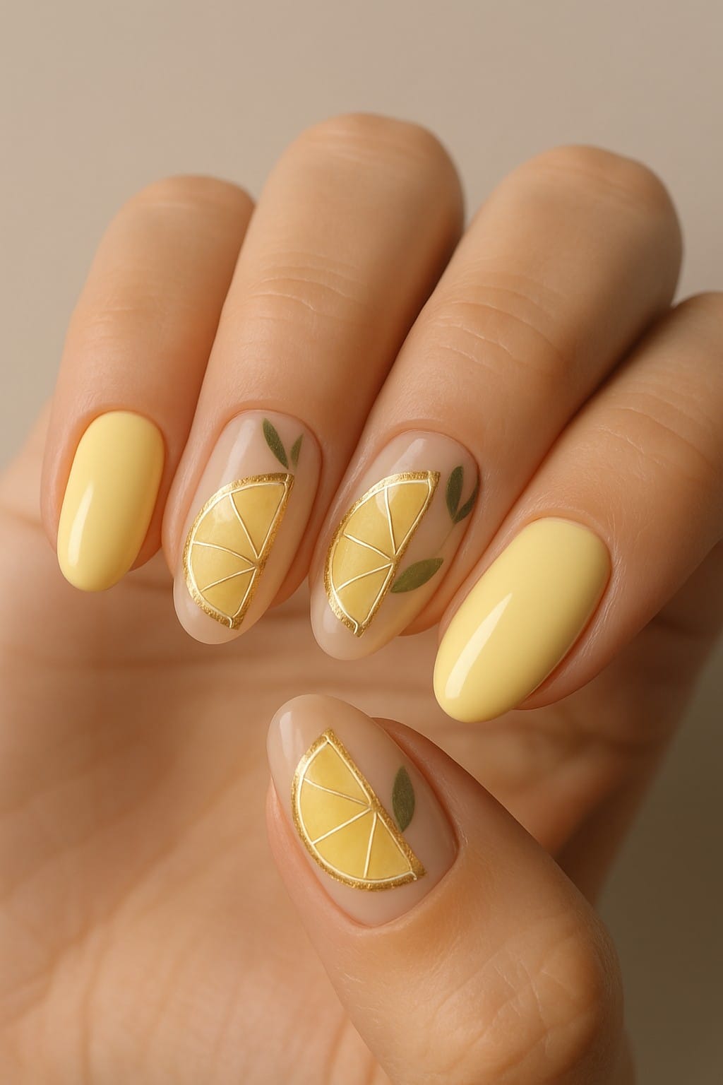 Yellow nails with lemon slice accents and green leaf details