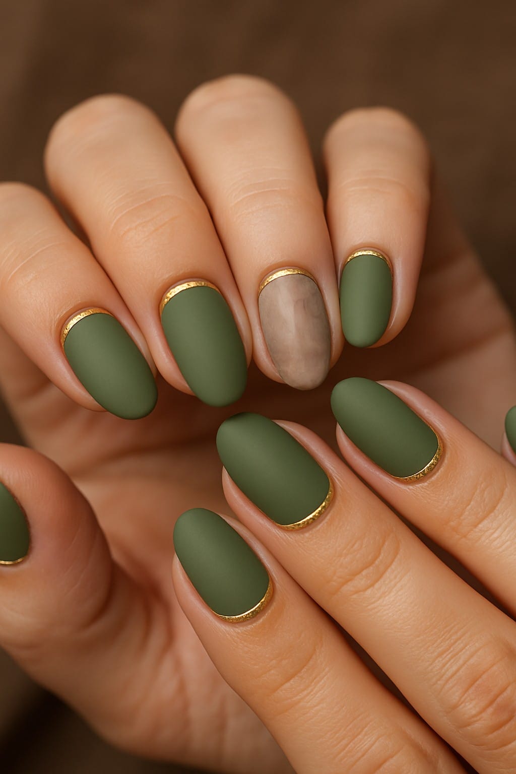 Matte olive nails with gold near the cuticle and a marble accent nail