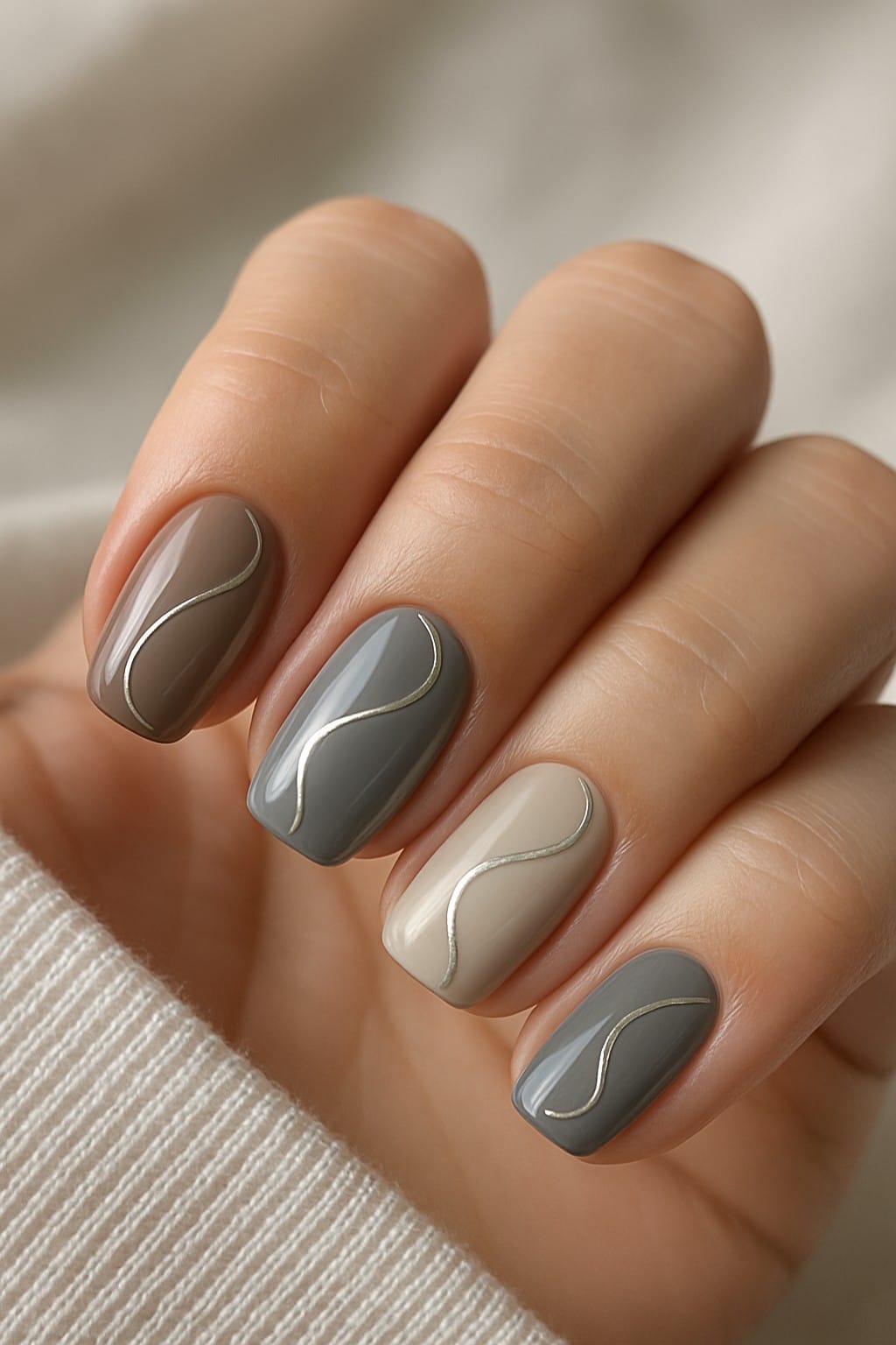 Neutral nails with silver wavy line accent