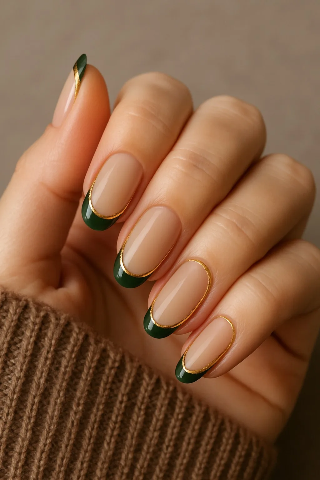Classic french tips with deep forest green and gold outline