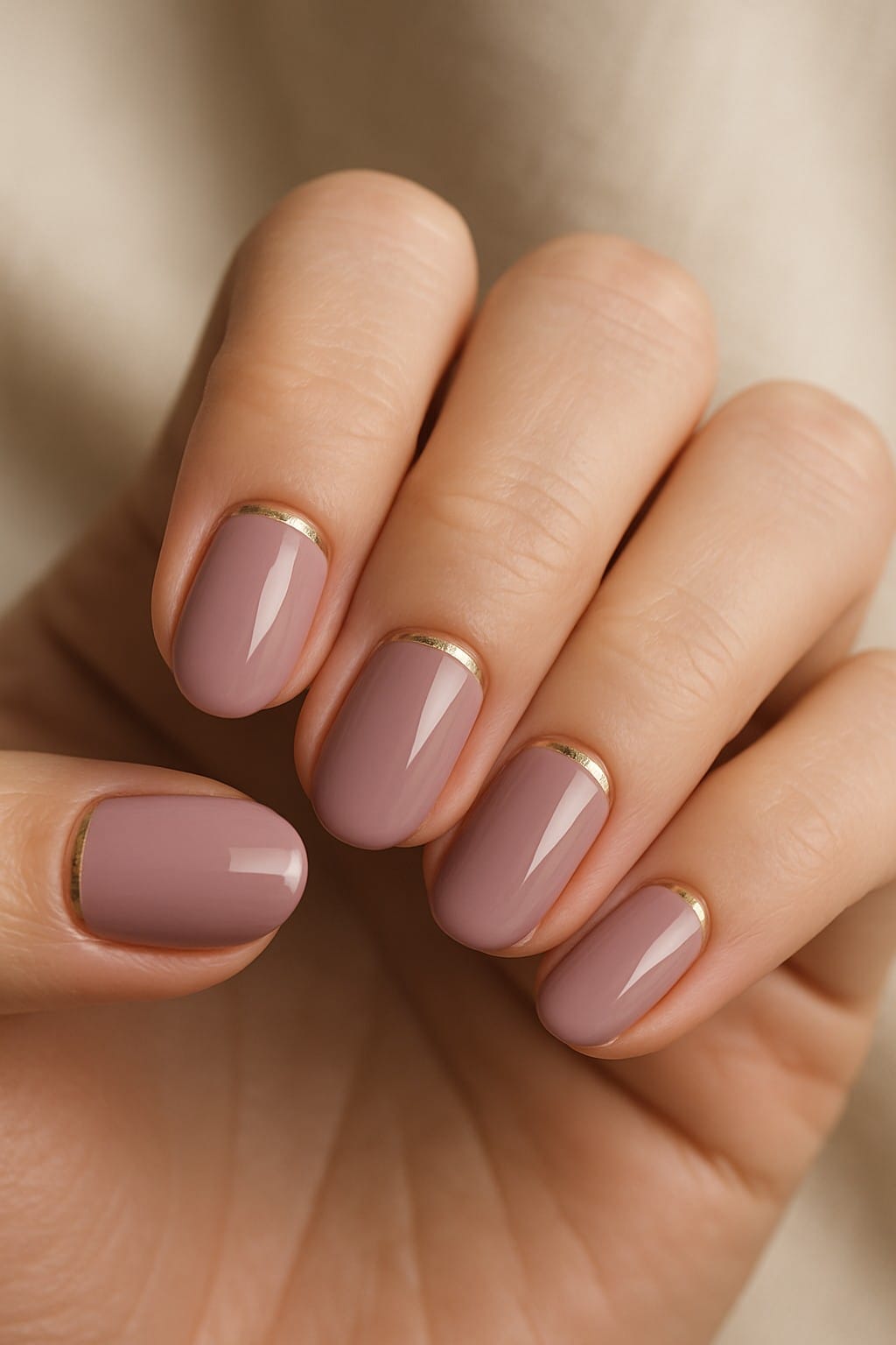 Soft mauve nails with thin gold line near cuticles