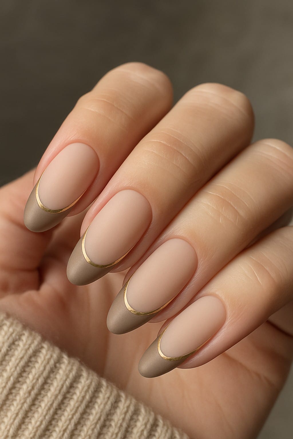 Matte taupe French tips with thin gold outline