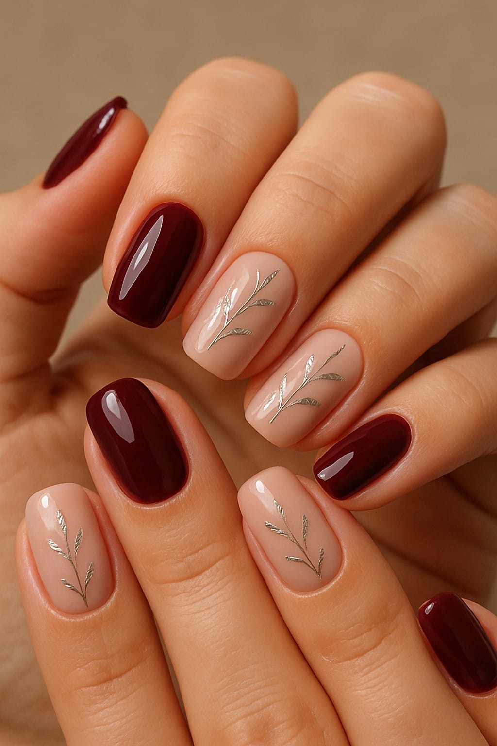 Red and nude nails with silver branch designs