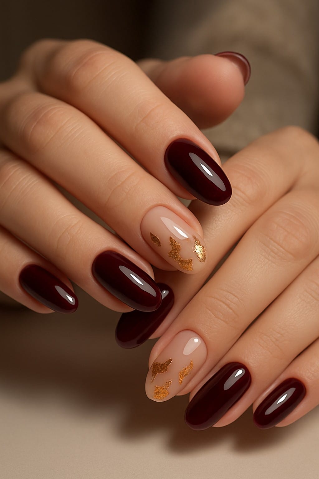 Glossy burgundy and nude nails with gold leaf accents