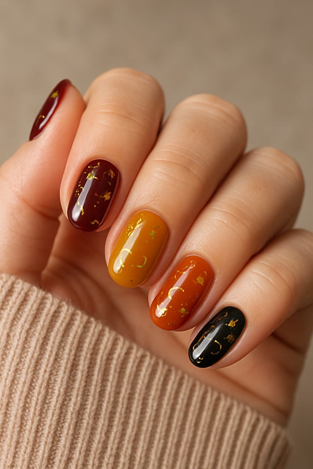 Short nails in red, gold, orange, and black with gold foil accents