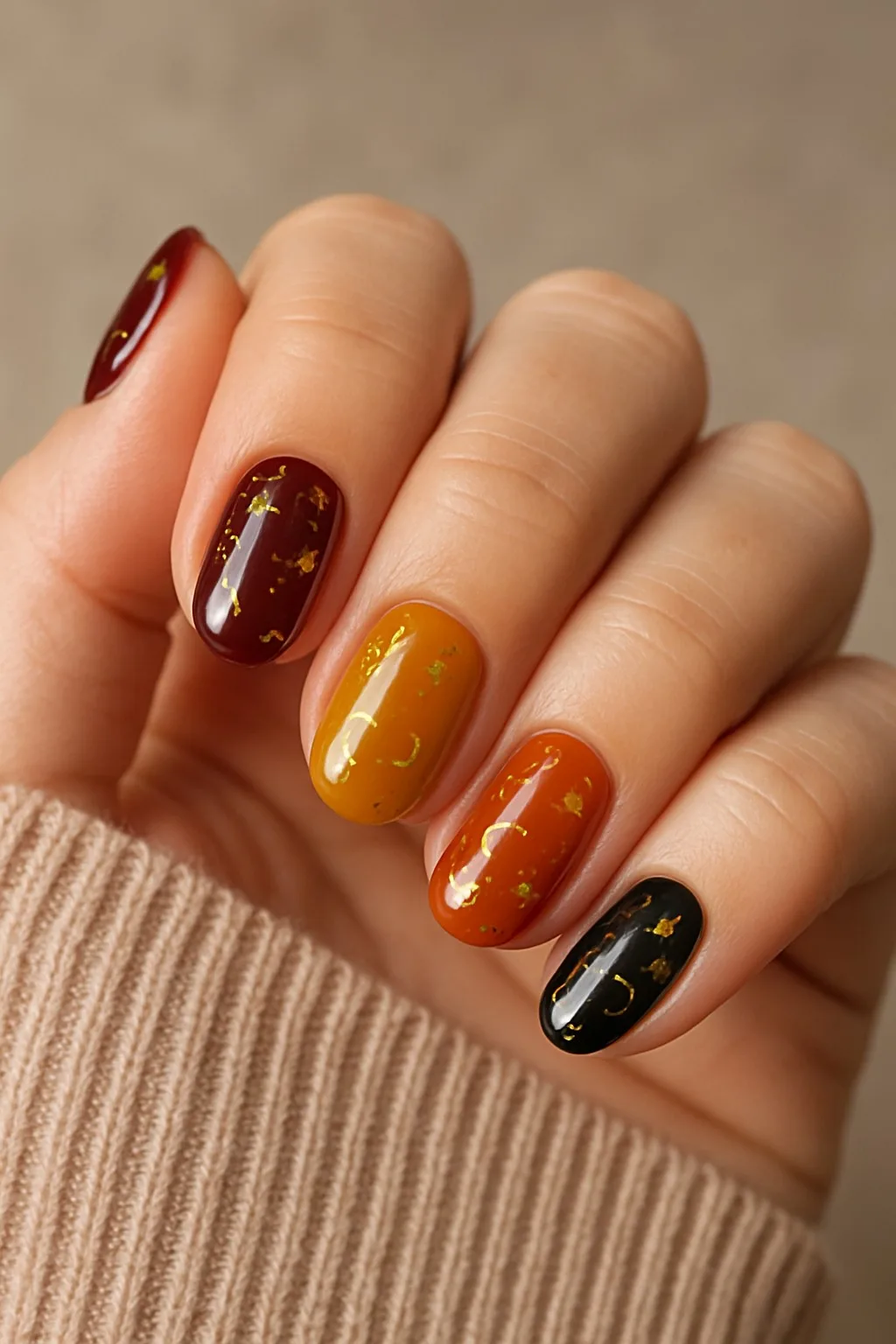 Short nails in red, gold, orange, and black with gold foil accents