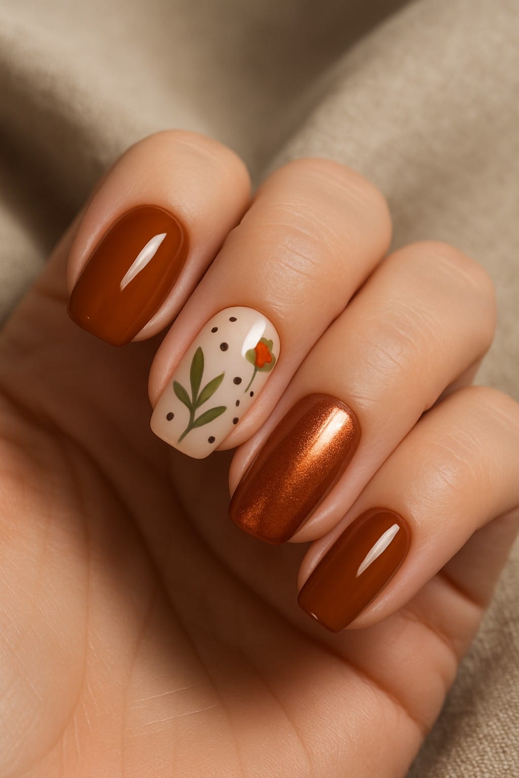 Brown and metallic copper manicure with one nail featuring a tiny flower and dotted accents