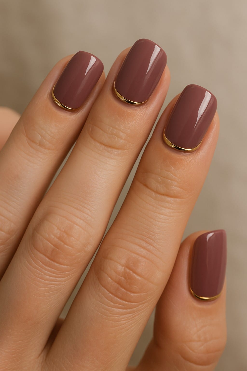 Glossy mulberry nails with thin gold detailing at the base