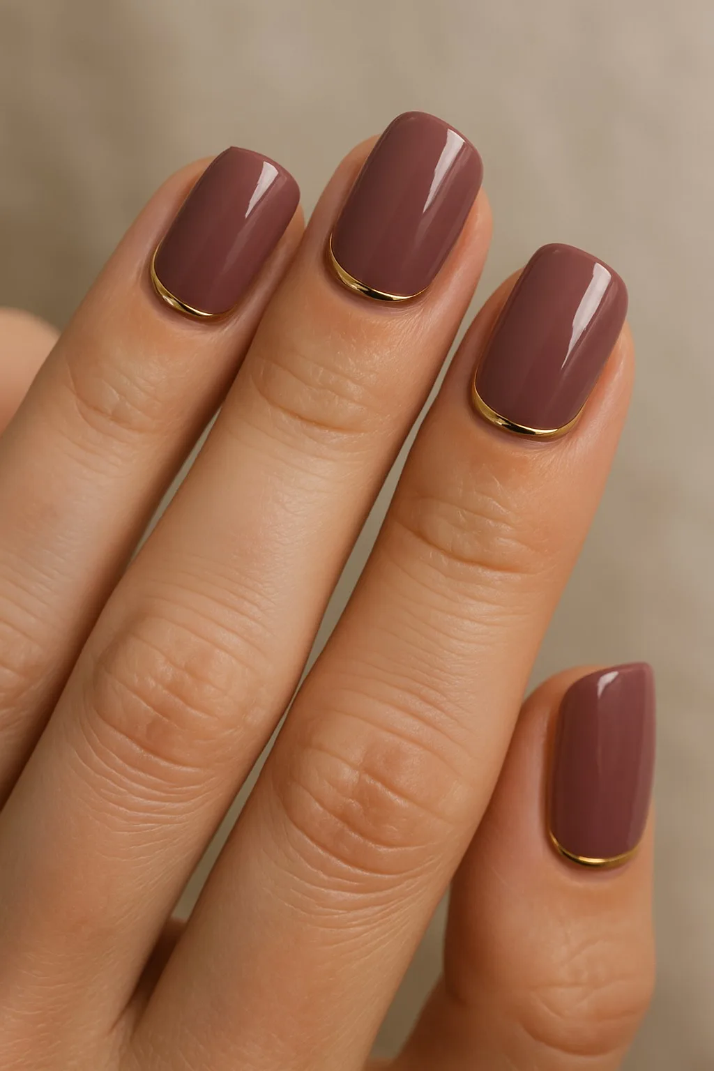 Glossy mulberry nails with thin gold detailing at the base