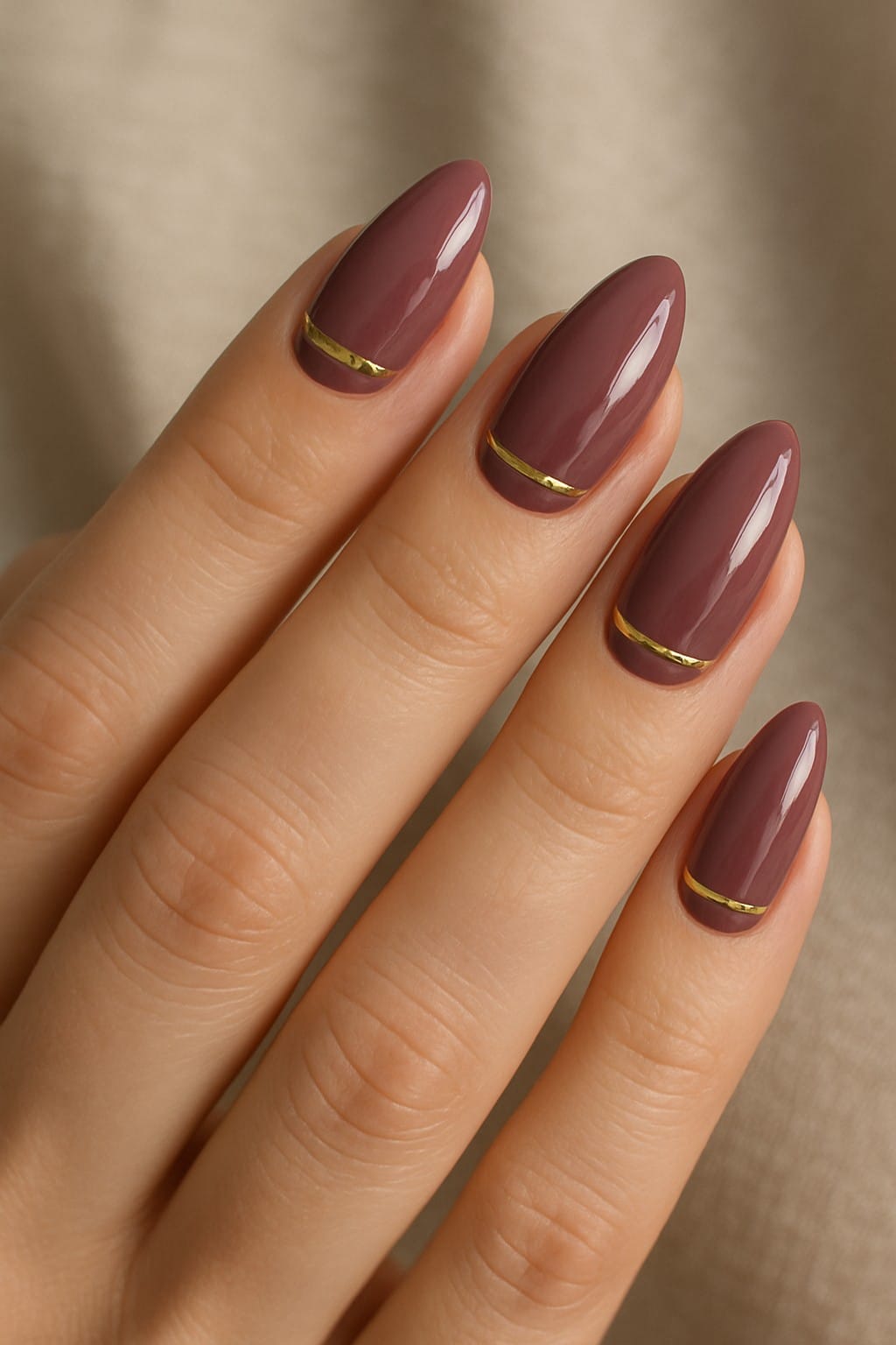Almond-shaped nails painted mauve with thin gold bands