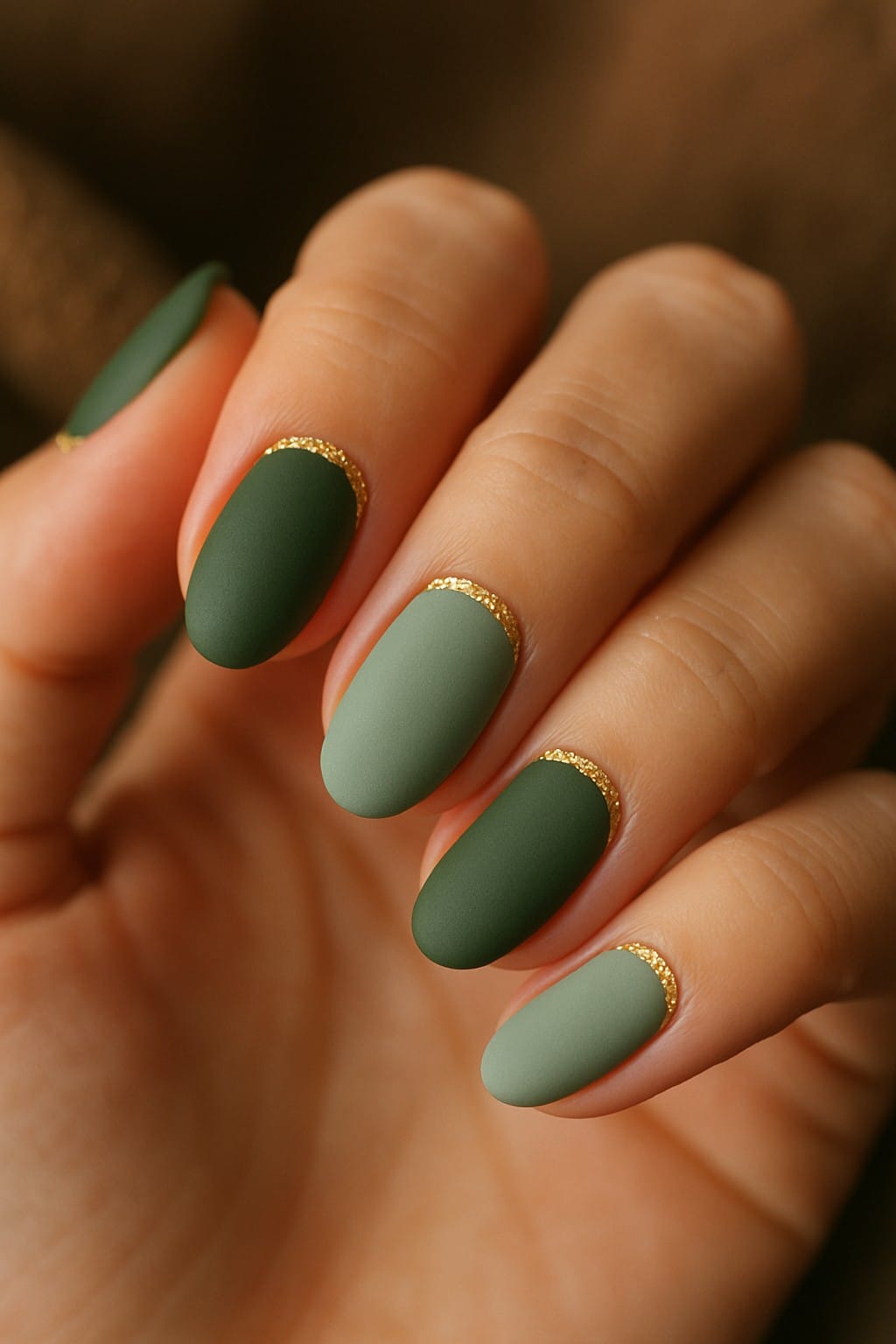 Matte olive and sage nails with gold glitter cuticle accents