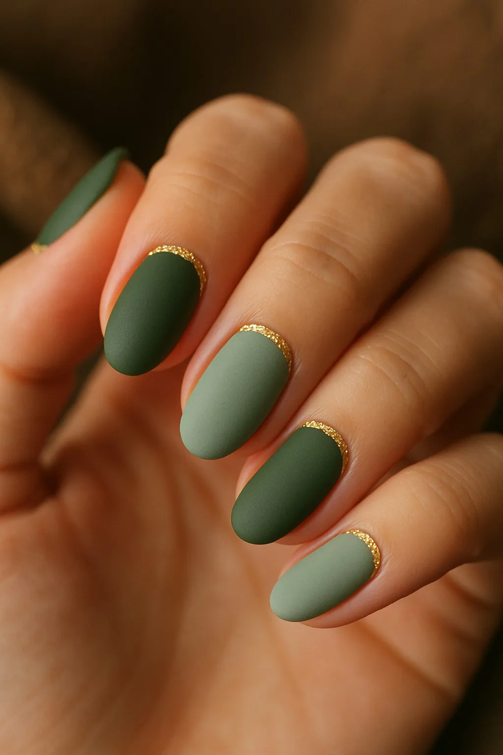 Matte olive and sage nails with gold glitter cuticle accents