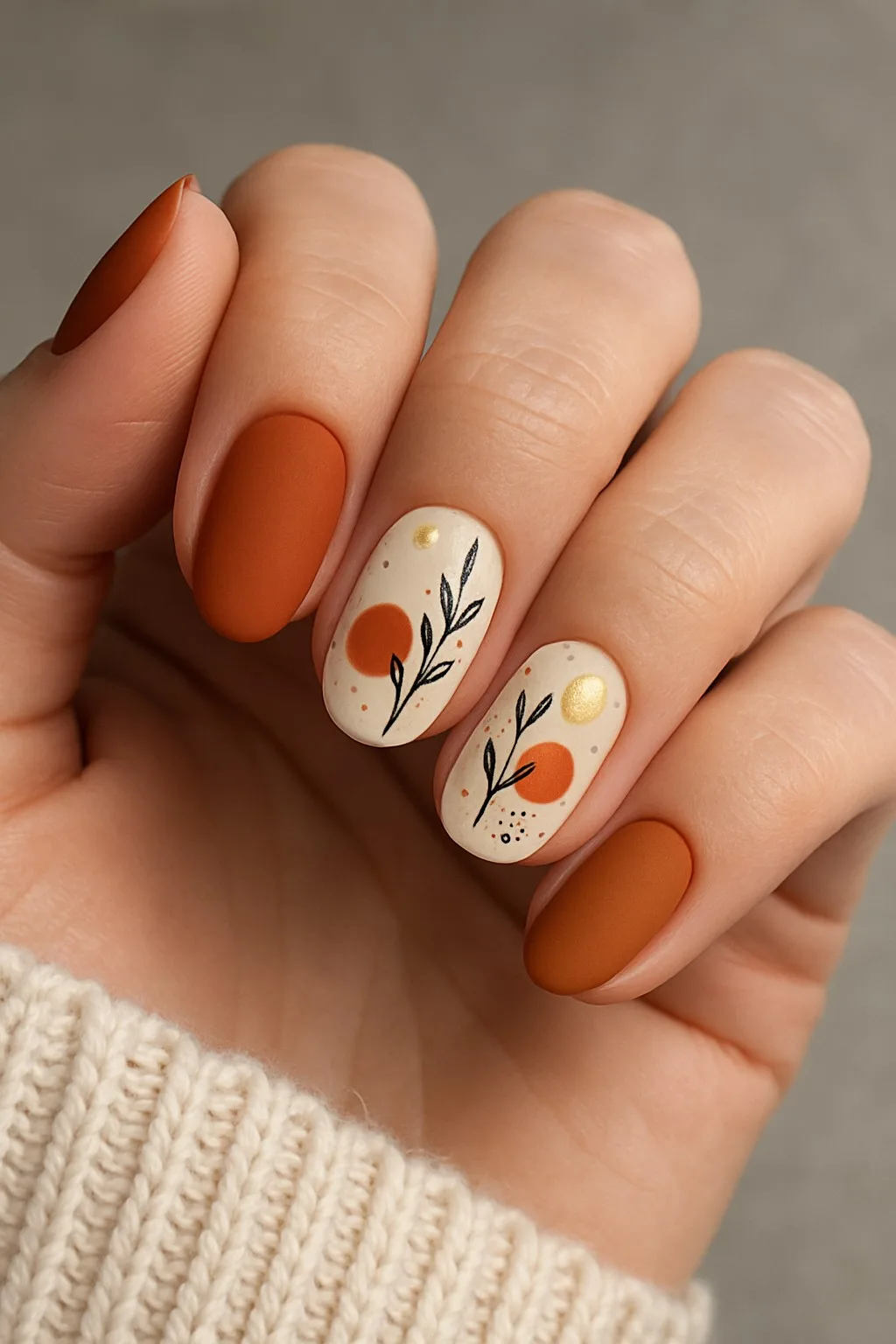 up-close woman september nails with matte burnt orange and caramel solid colors on alternate nails, paired with a pale cream base featuring abstract orange and gold circles, delicate black botanical accents, and minimal dotted gold details for a sophisticated autumn look.