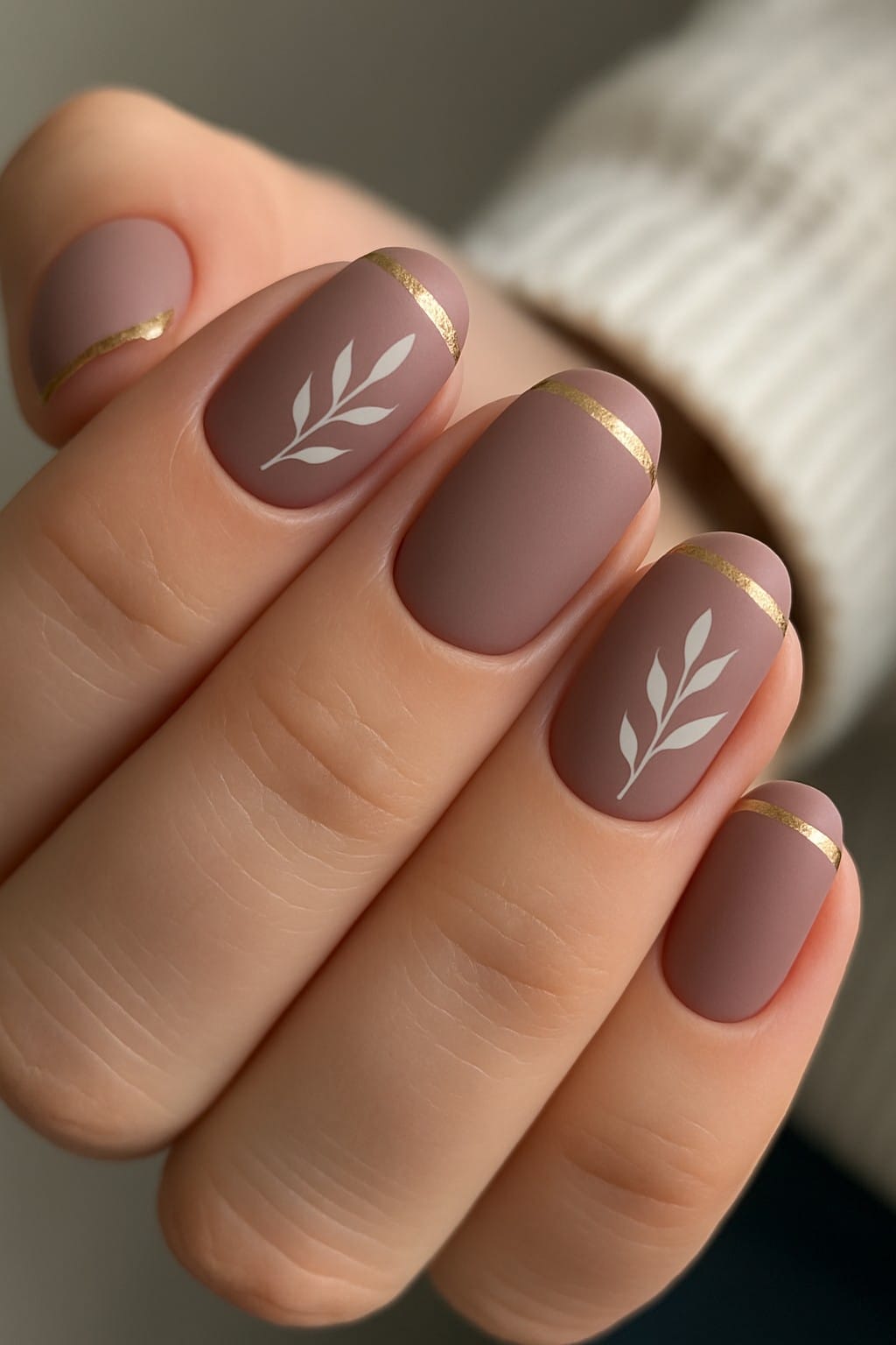Matte mauve nails with gold lines and white leafy accents