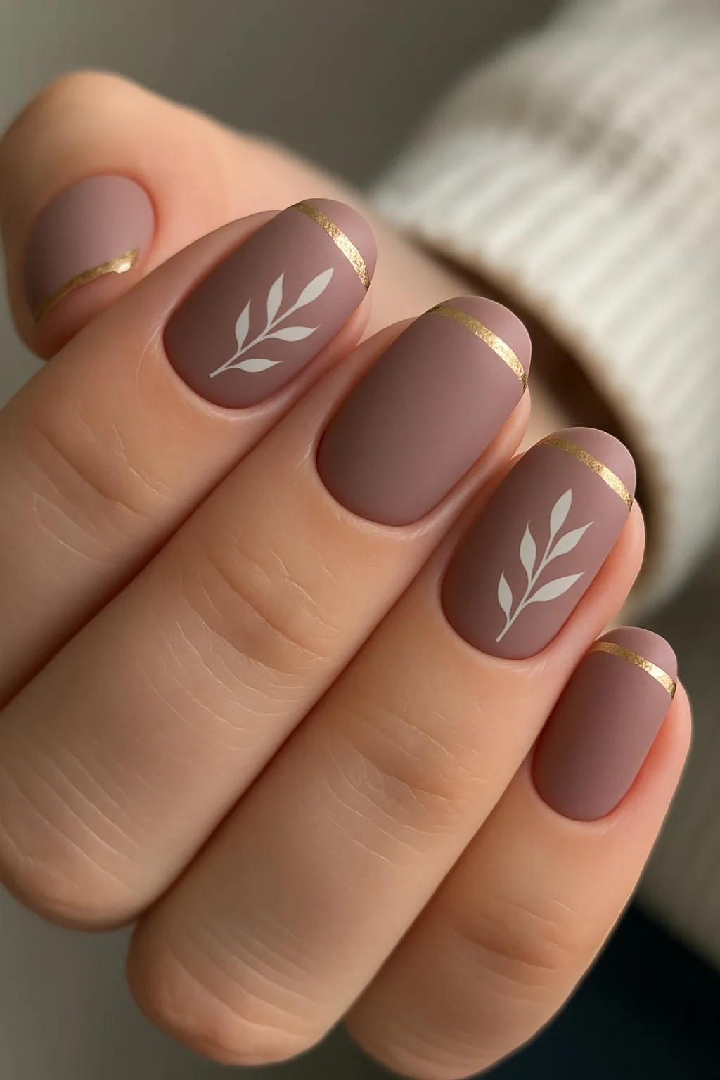Matte mauve nails with gold lines and white leafy accents