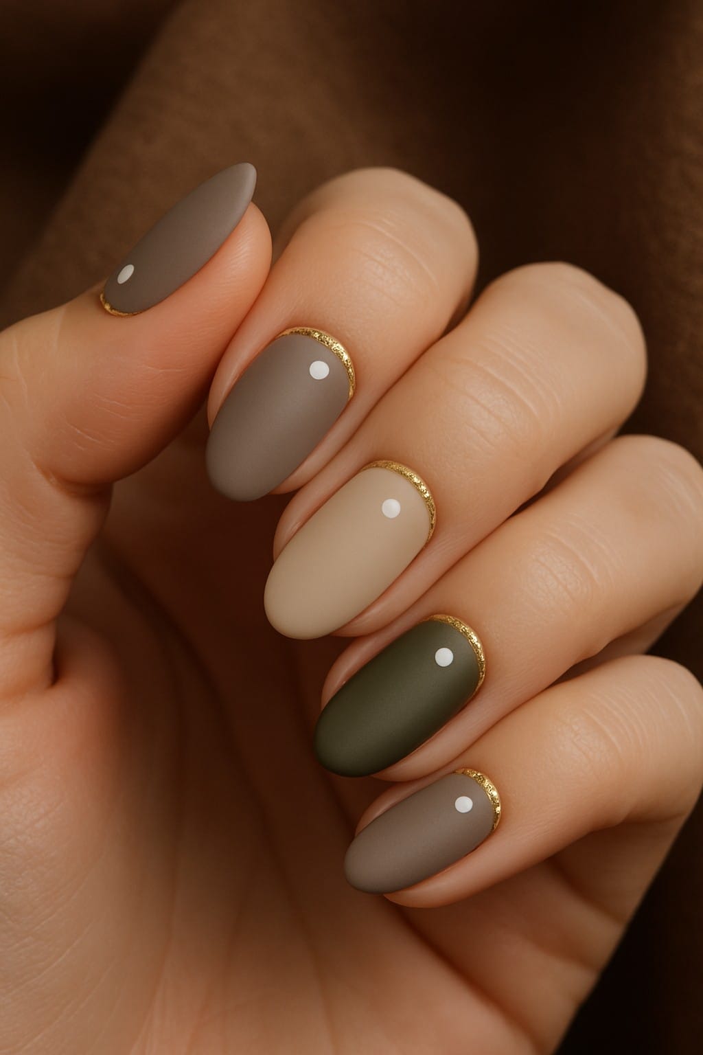 Matte multicolor earth-tone nails with gold cuticle line and white dot accent