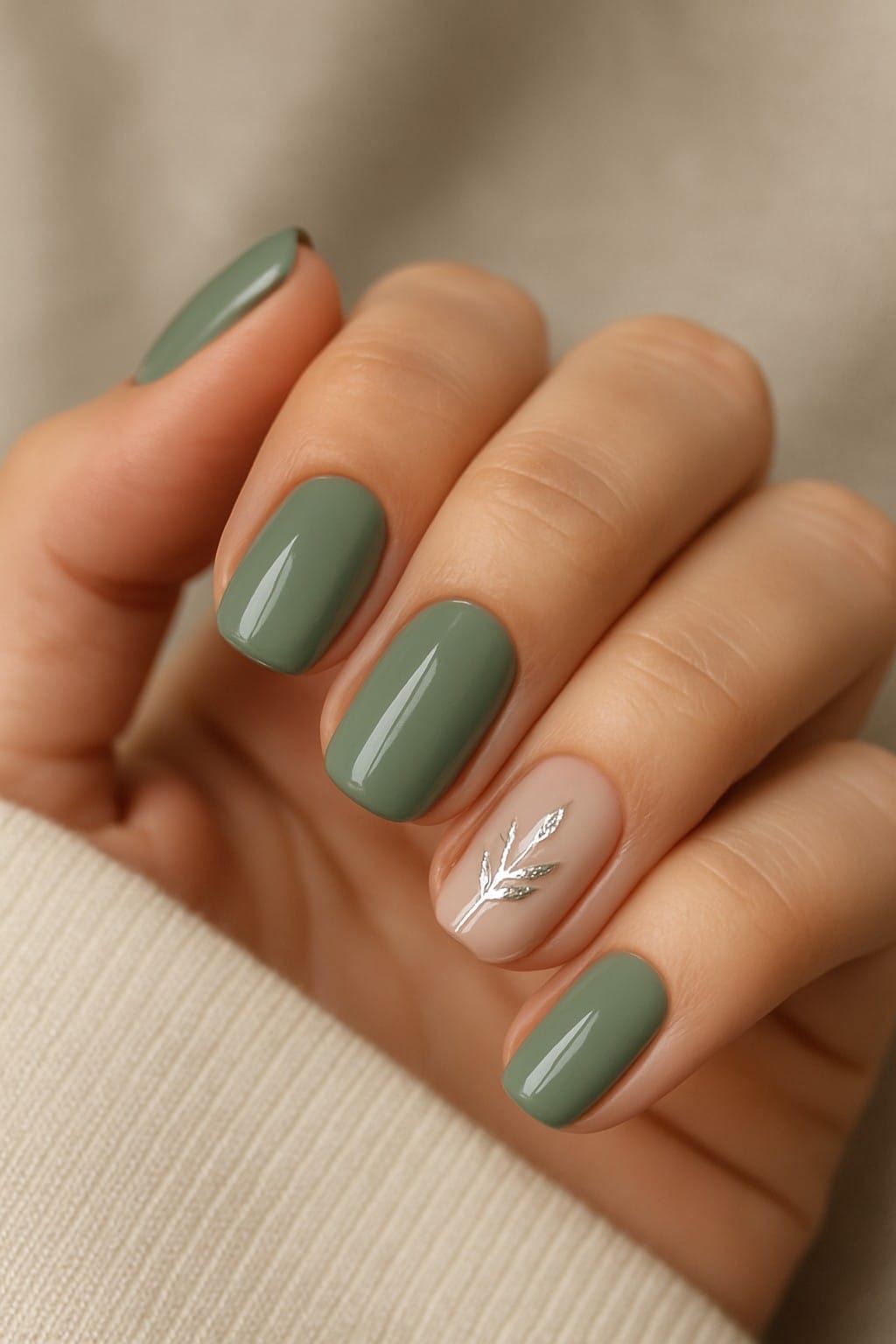 Short olive green nails with a single nude nail featuring a metallic silver botanical design