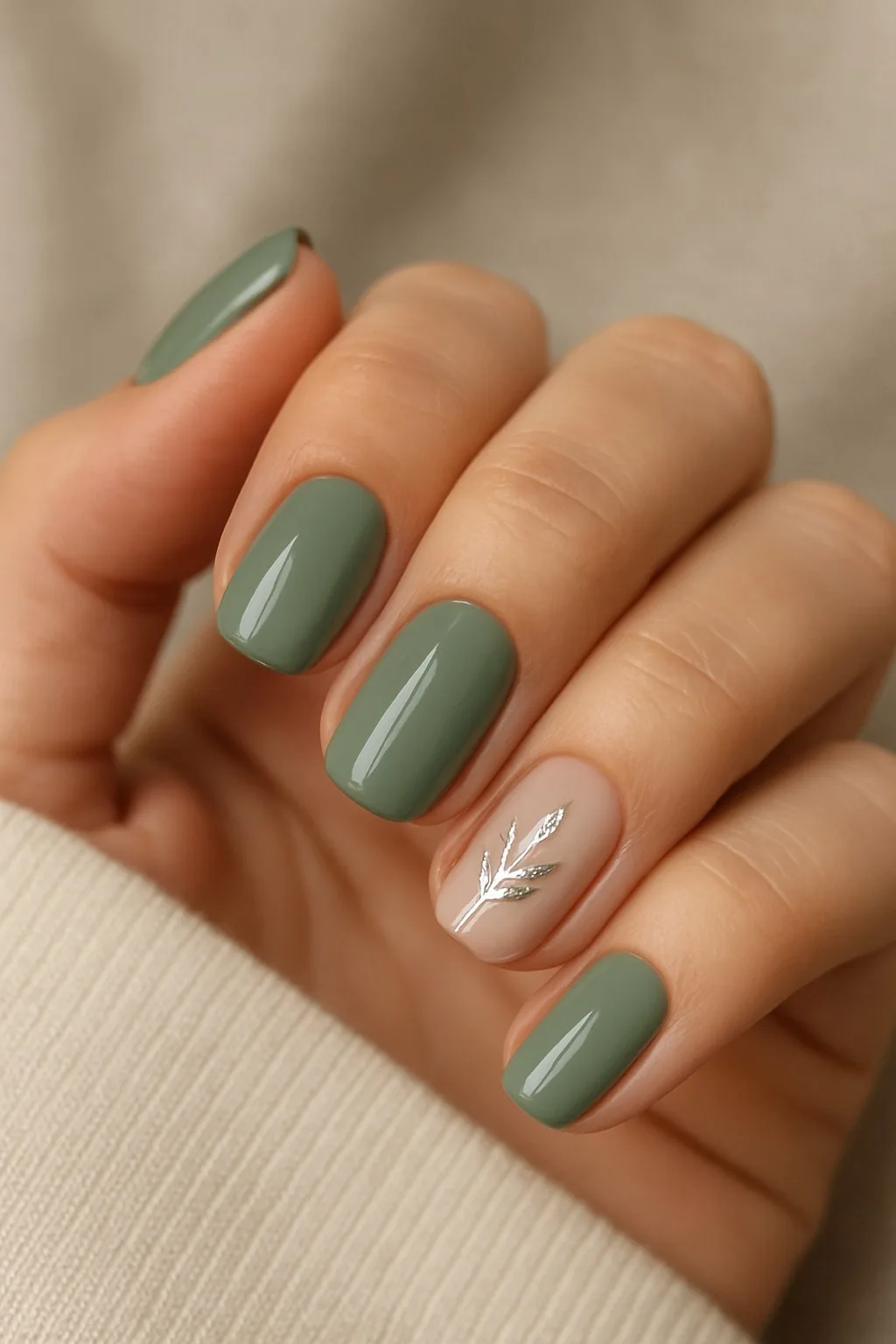 Short olive green nails with a single nude nail featuring a metallic silver botanical design