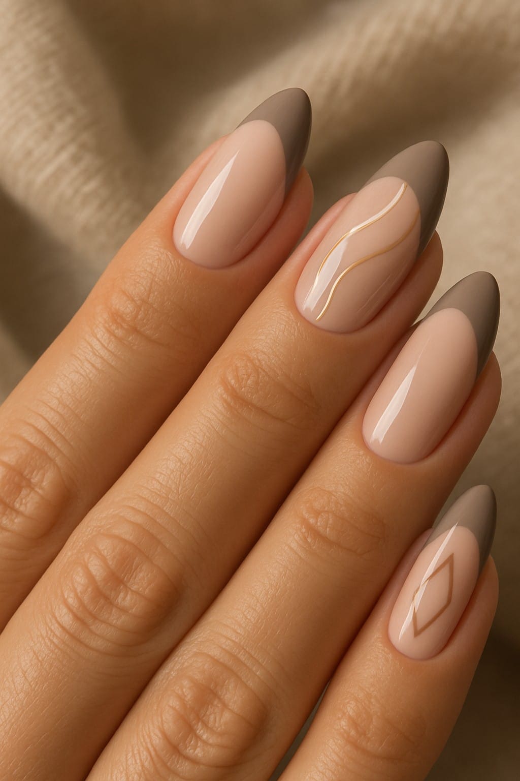 Taupe french tips with gold line art on nude nails