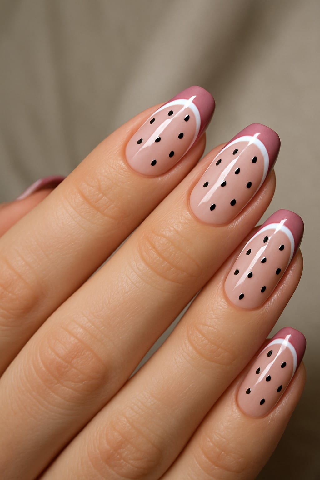 Watermelon-inspired nails with pink tips and black seed dots