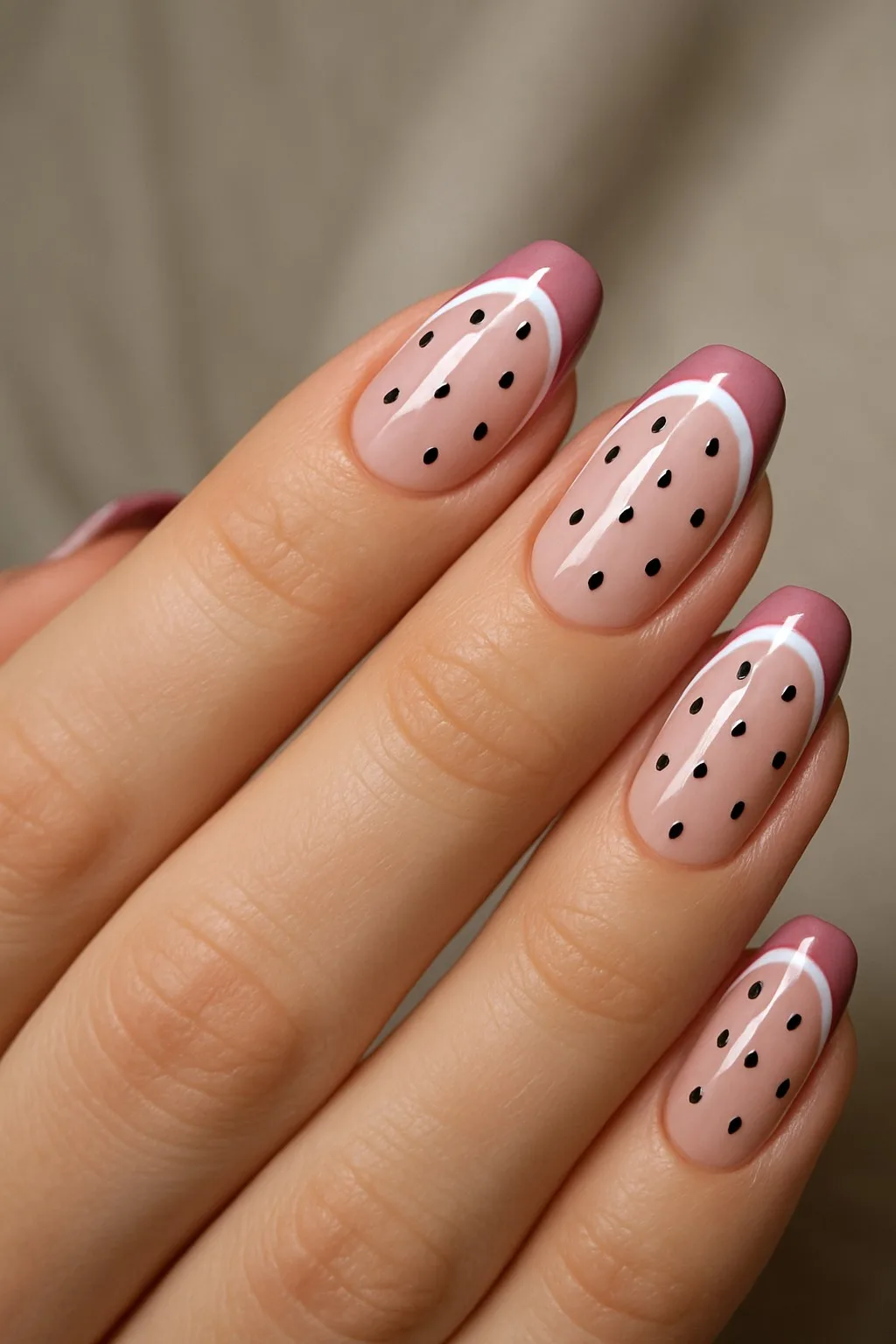 Watermelon-inspired nails with pink tips and black seed dots