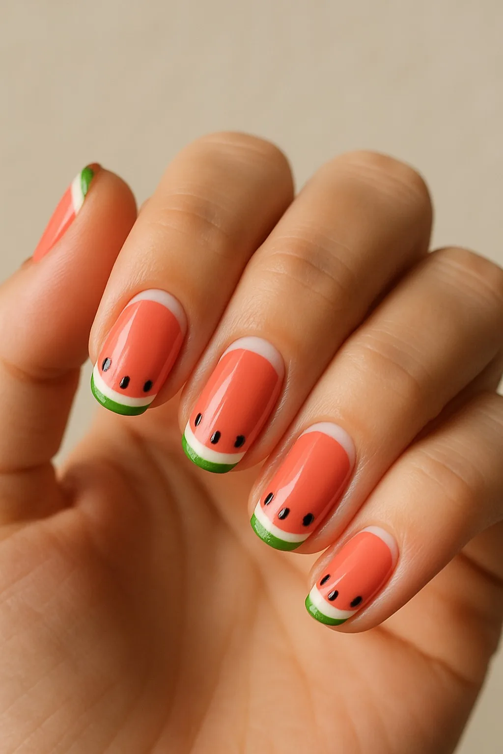 Watermelon-themed nail art with seeds and green tips