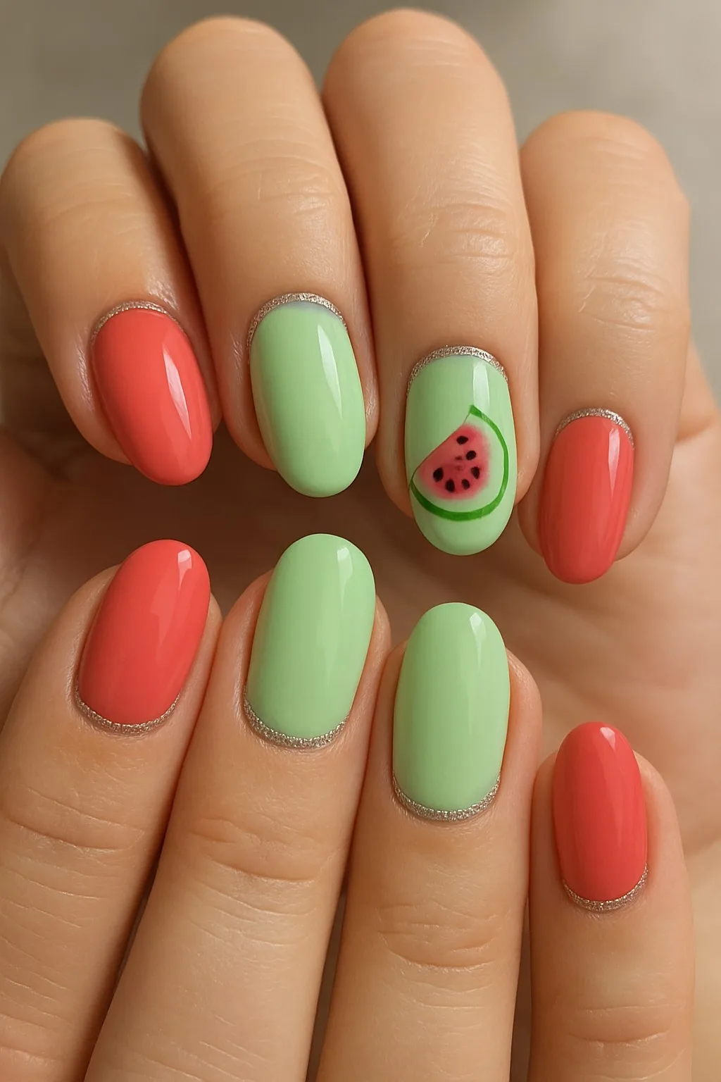 Mint and coral watermelon manicure with silver accents