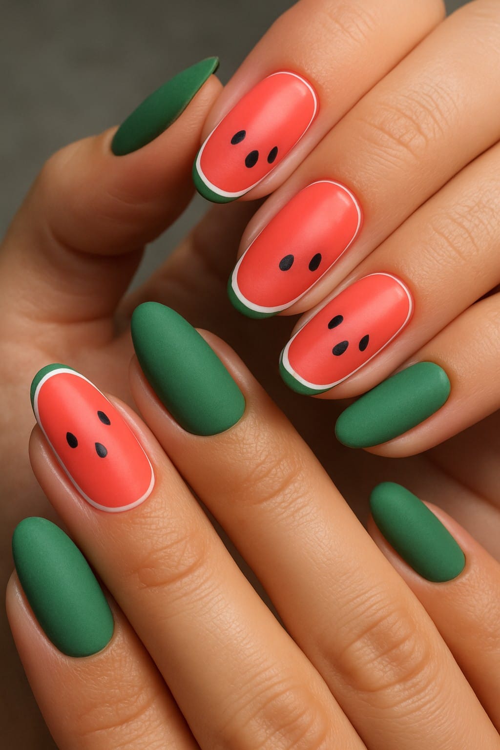 Matte watermelon-inspired nail art with green and red colors