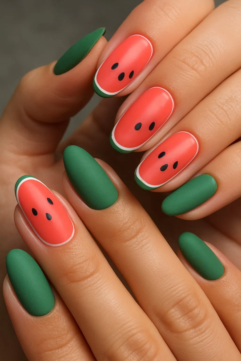 Matte watermelon-inspired nail art with green and red colors