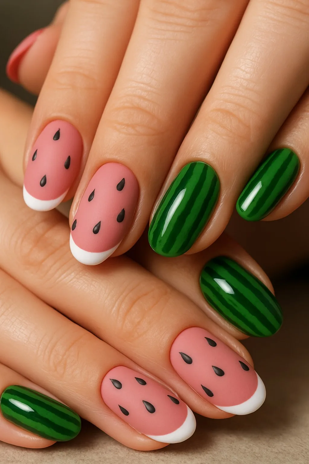Watermelon-inspired nail art with pink, green, and black accents