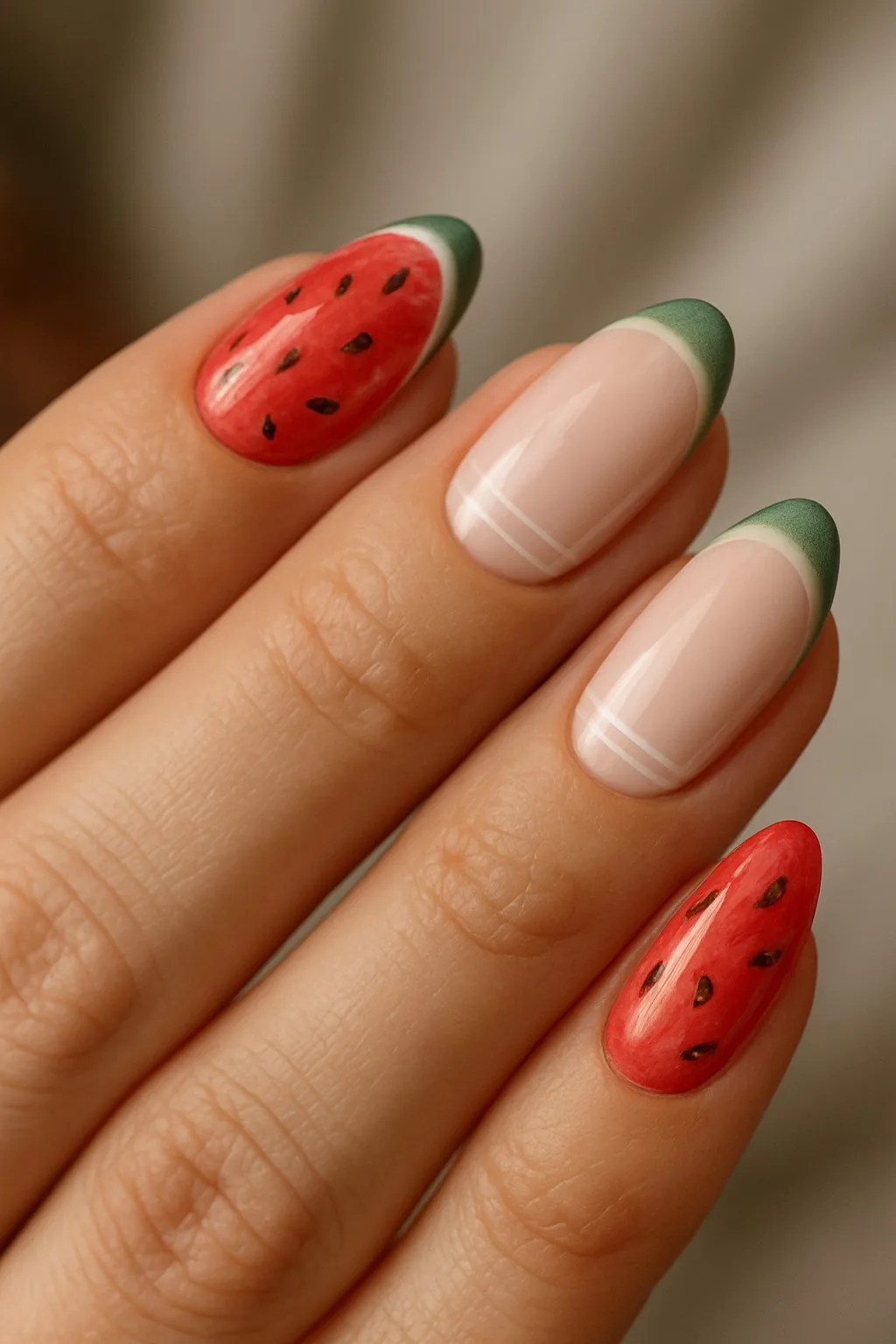 Glossy watermelon-inspired nail art with green tips and seed details