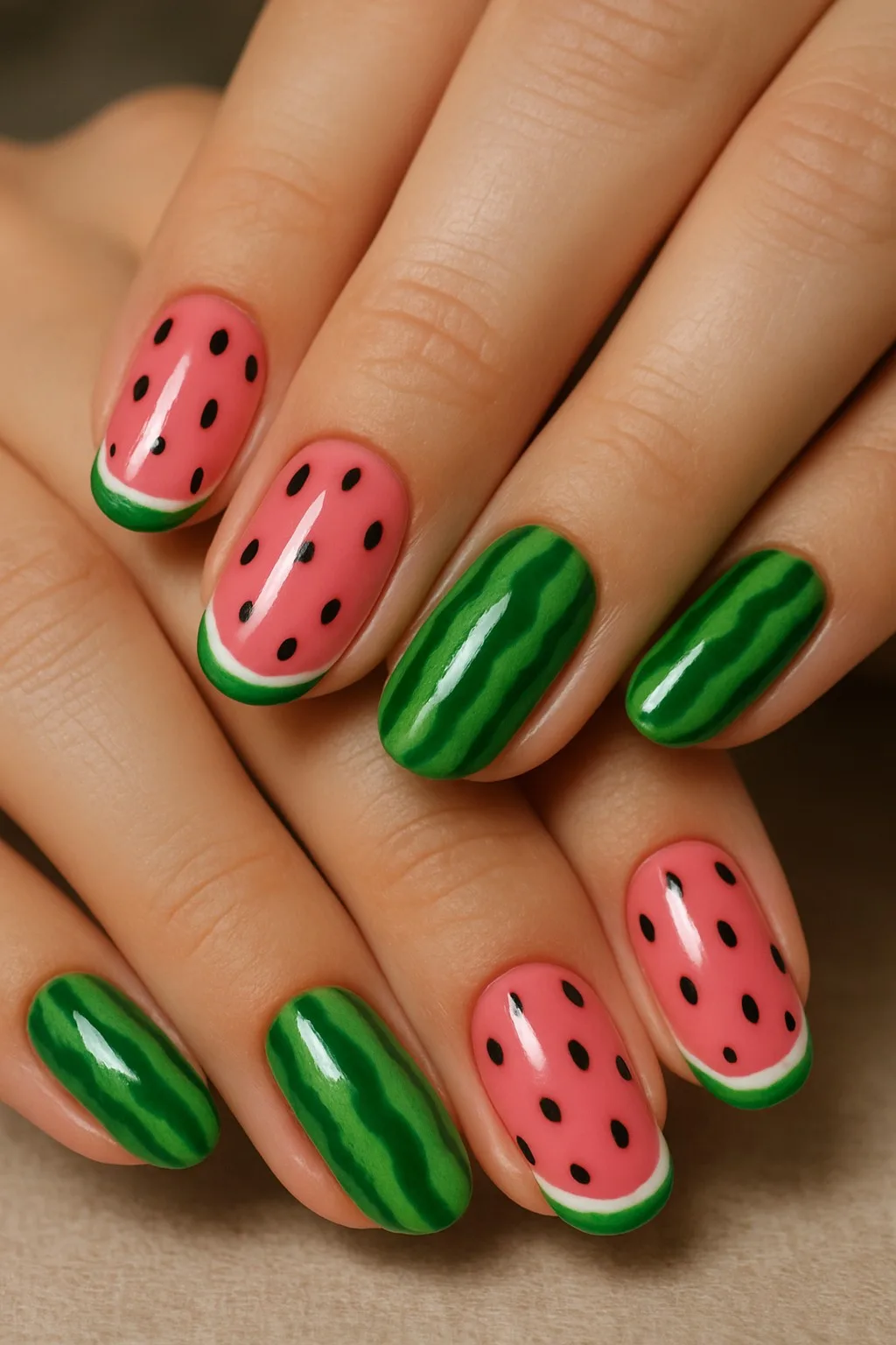 Up-close woman watermelon nails with alternating pink and green bases; pink nails feature tiny black seed dots and a thin green French tip bordered by a slim white line, while green nails have dark green wavy stripes, mimicking a watermelon rind.