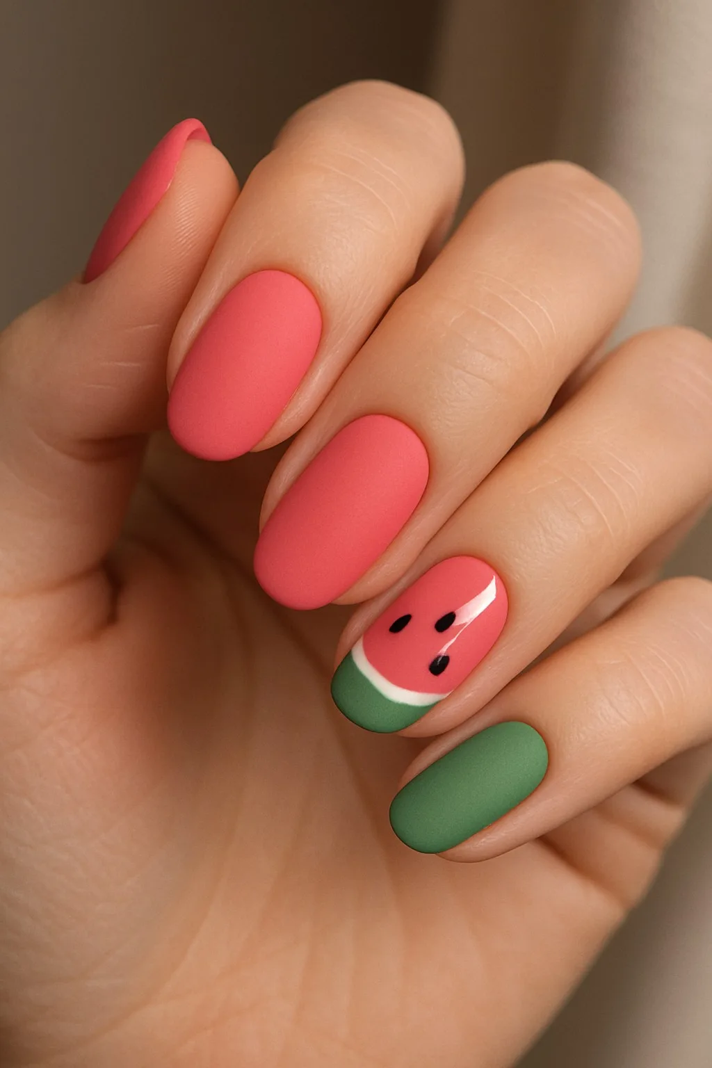 Matte pink and green watermelon-inspired nail art