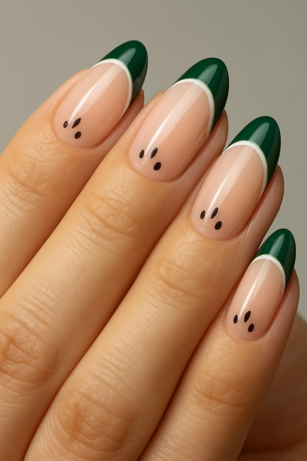 Glossy nude nails with green French tips and black watermelon seed accents