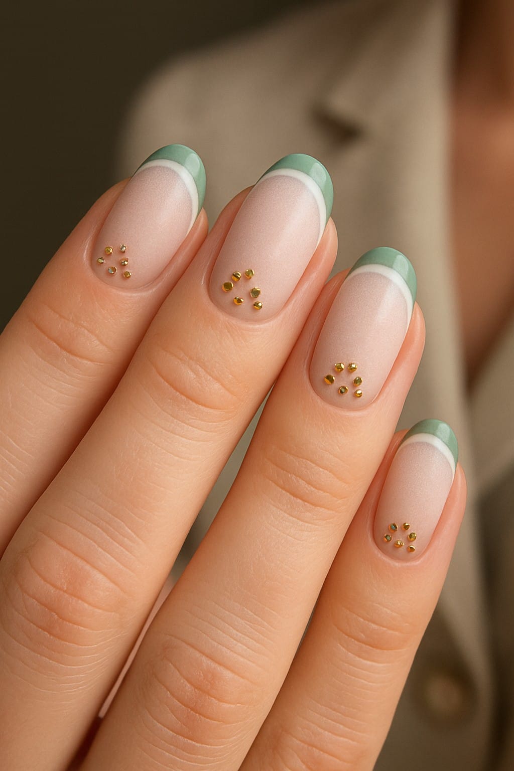 Watermelon-inspired nails with green tips and gold dot accents