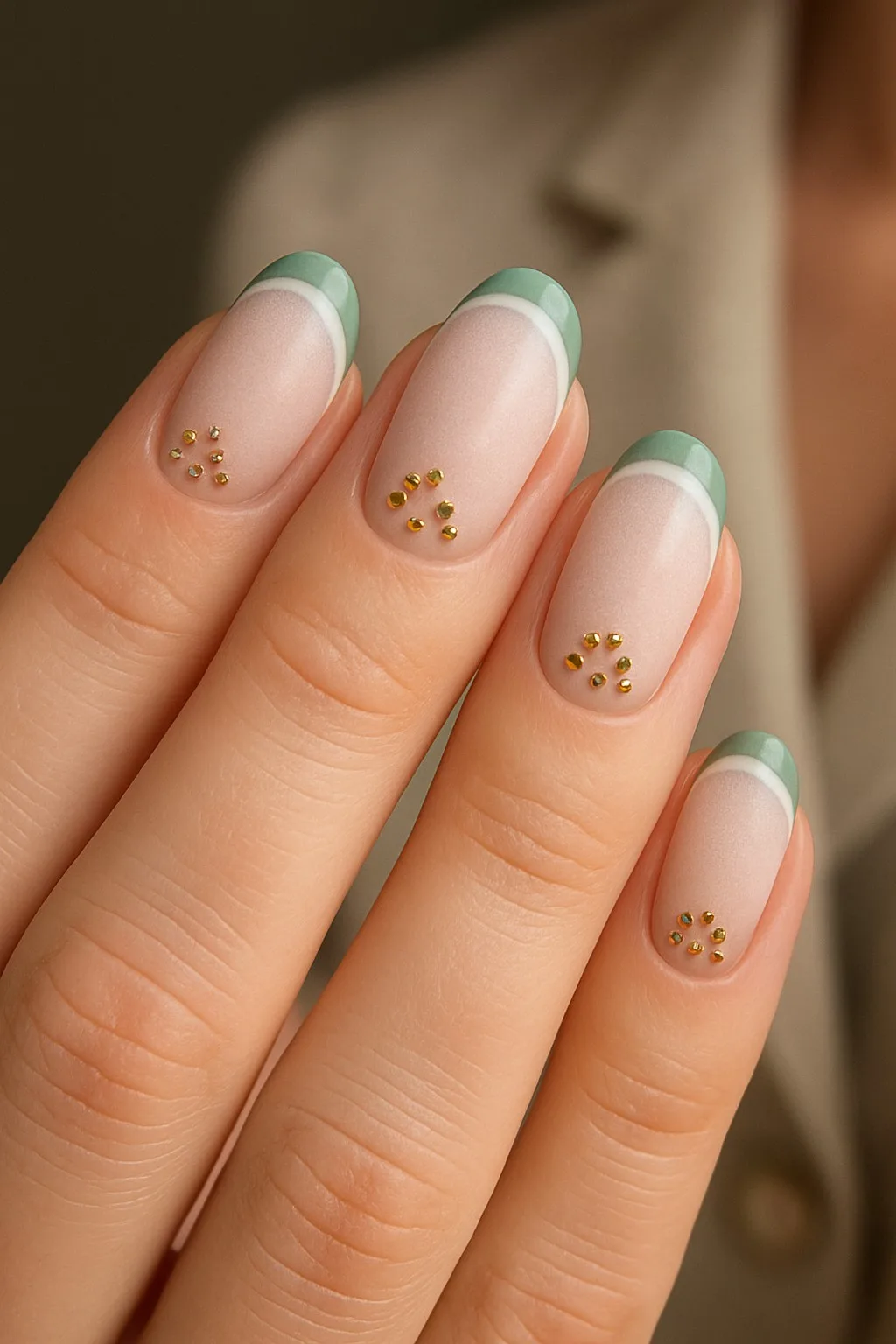 Watermelon-inspired nails with green tips and gold dot accents