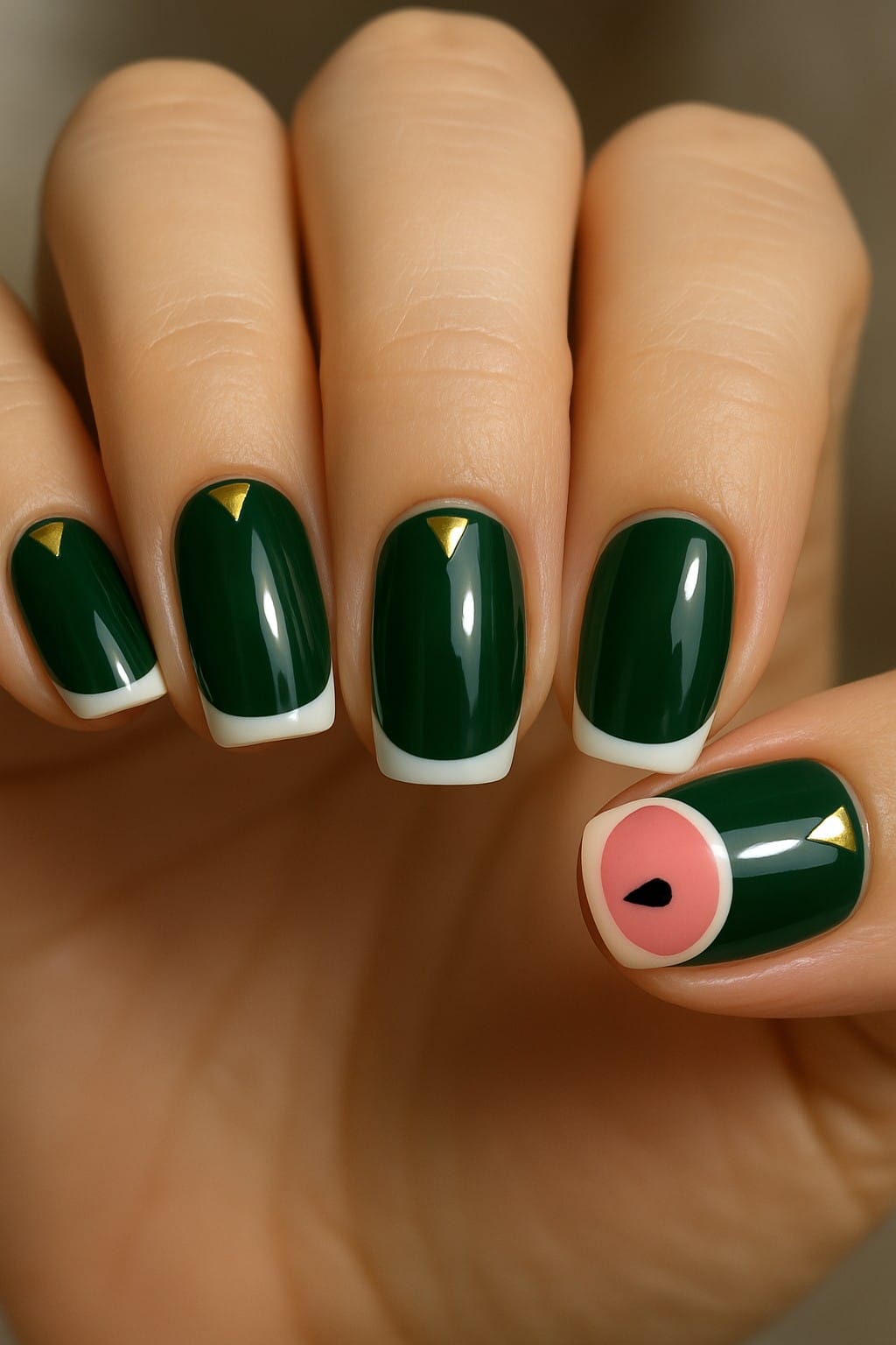Green nails with gold and white accents plus a pink watermelon slice on the pinky finger