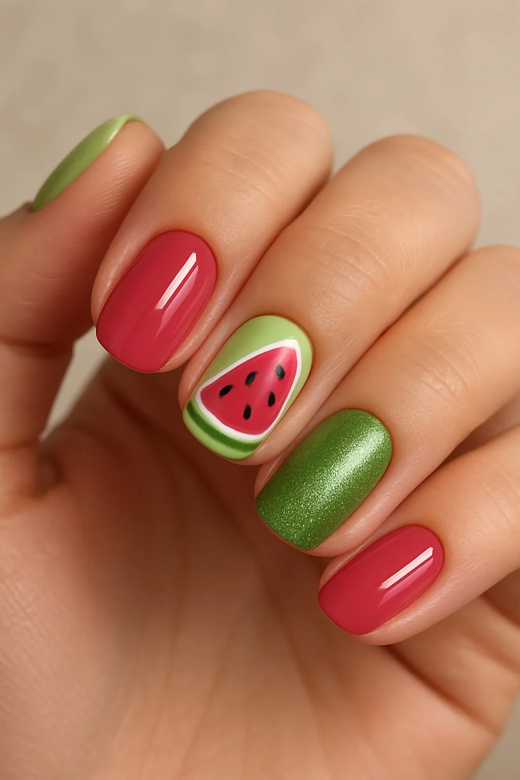 Glossy watermelon-inspired nail design with green, pink, and a painted melon slice
